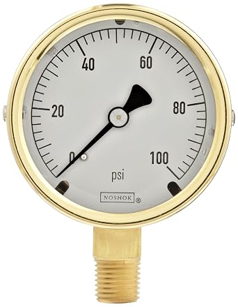 Pressure Gauge, 2.5" Brass Case, Copper Alloy Internals, 100 psi, 1/4 NPT Male Bottom Conn, Glycerin Filled