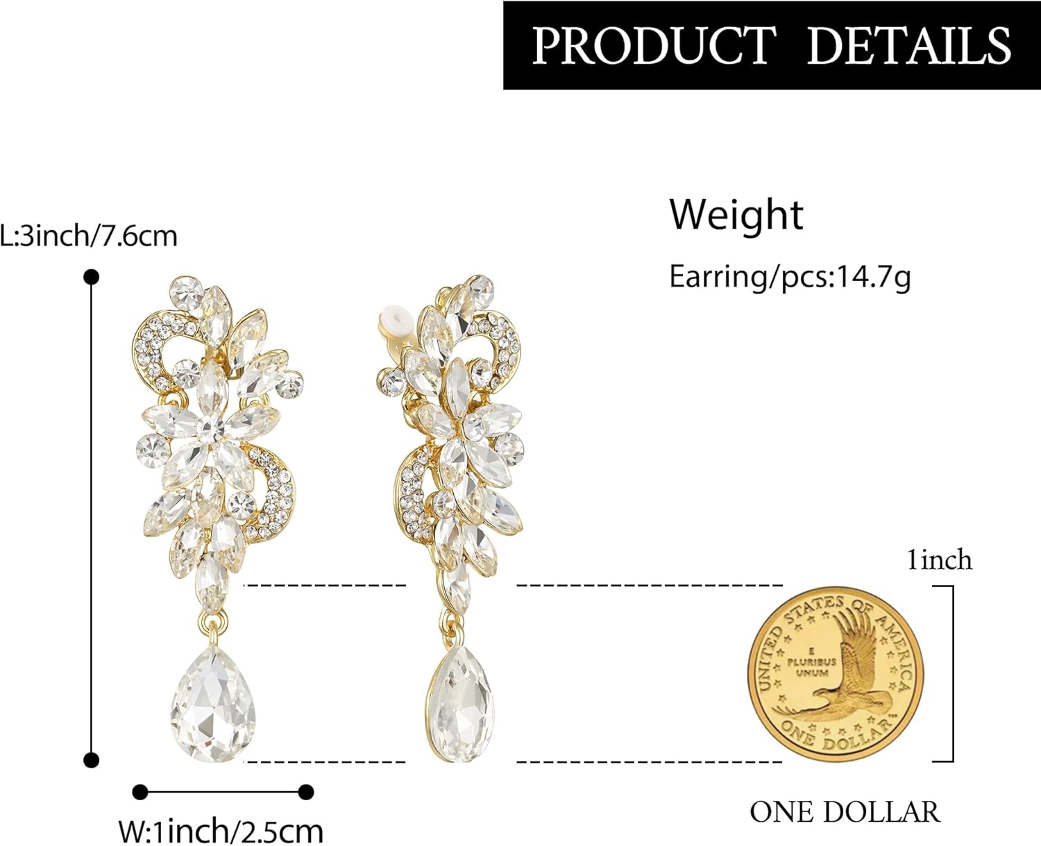 BriLove Women's Bohemian Boho Crystal Flower Wedding Bridal Chandelier Teardrop Bling Clip-On Dangle Earrings - Image 5