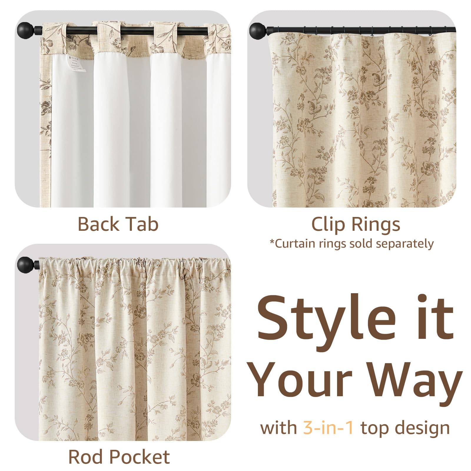 Linen Blackout Curtains - Floral Taupe Panels -9