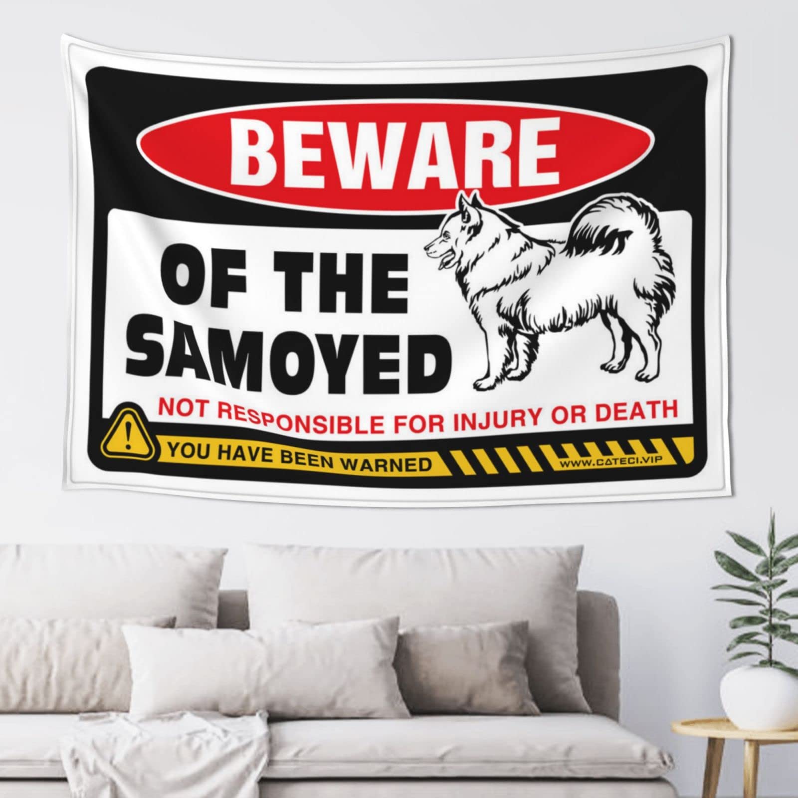 PRAVOXI Tapestries For Bedroom Beware Of Samoyed Tapestry Hanging Wall Decor Tapestries For Bedroom(75X100CM)