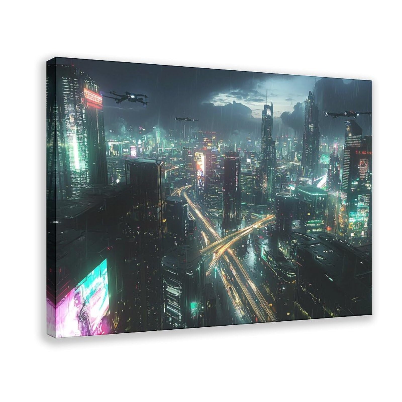 Cyberpunk Night City Wall Art – High-Tech Skyscraper Print with Neon Lights, Futuristic Urban Home & Gaming Room Décor Poster Print Decorative Painting Canvas Wall Art Living Room Posters Bedroom Pain