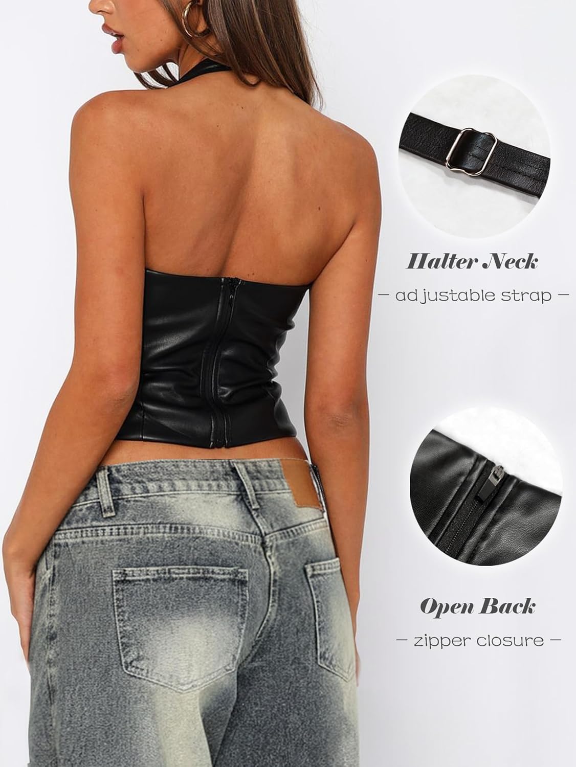 OZICERD Faux Leather Halter Going Out Crop Tops for Women Backless Sleeveless Club Rave Outfit Y2k Pleather Tank Top Cami - Image 5
