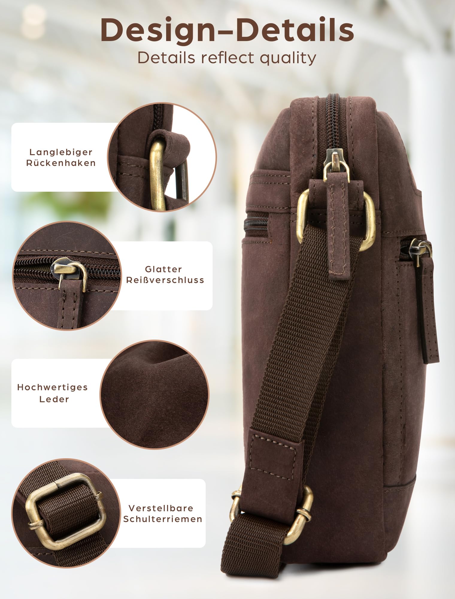 LEABAGS Leder Umhängetasche Herren - Messenger Bag Herrenhandtasche, Vintage Echtleder Crossbody Bag Herren, 2.2 l Handtaschen Arbeitstasche Tragetasche, Schultertasche für Männer(Nature Dunkelbraun)