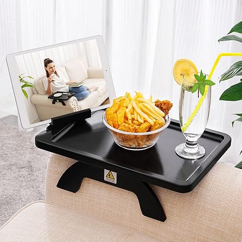 Miniatura 14 de SINWANT Bandeja de brazo de sofá, clip de sofá de bambú en la mesa auxiliar, mesa plegable con soporte para teléfono de 360°, bandejas de alimentos