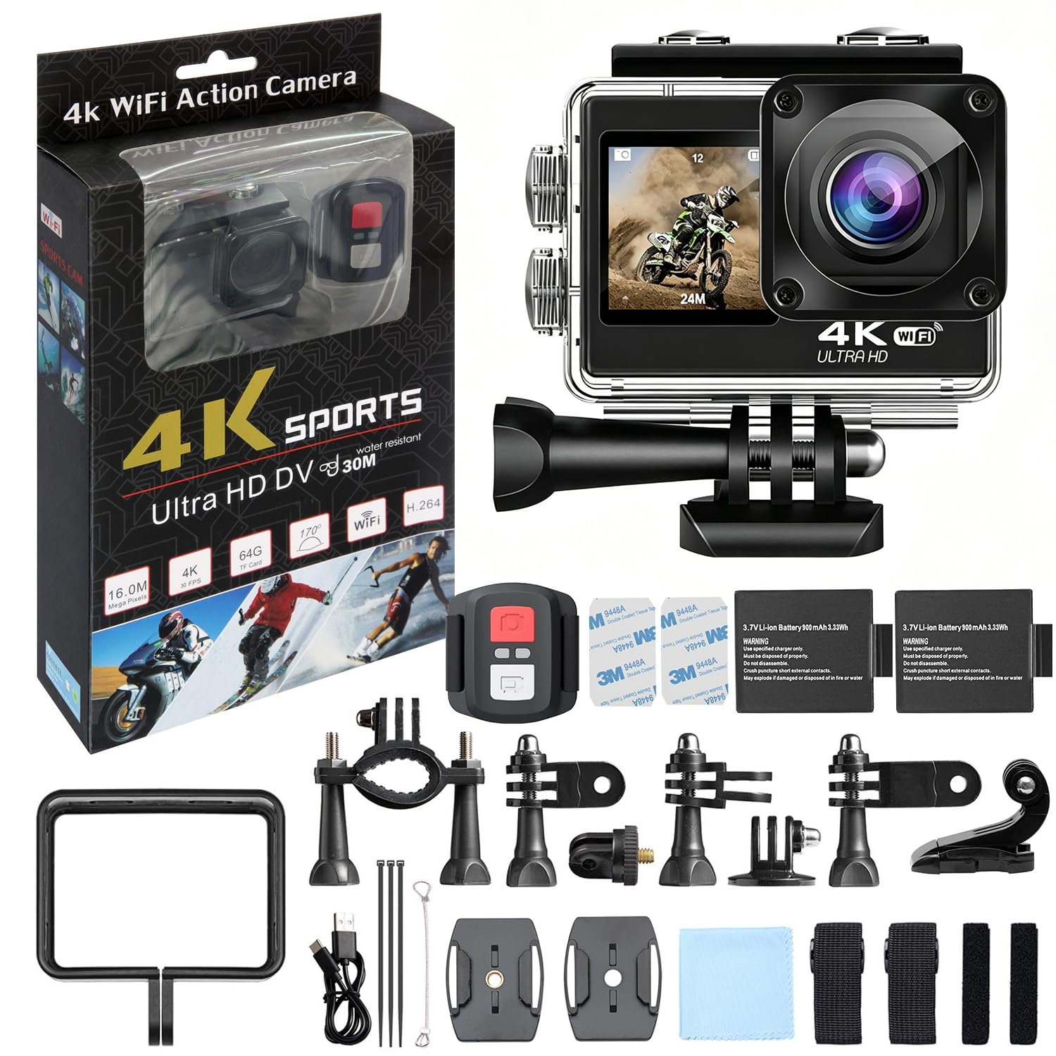 Câmera de Ação 4K Wi-Fi com EIS, À Prova d’Água 30m, 16MP, Lente Grande Angular 170°,