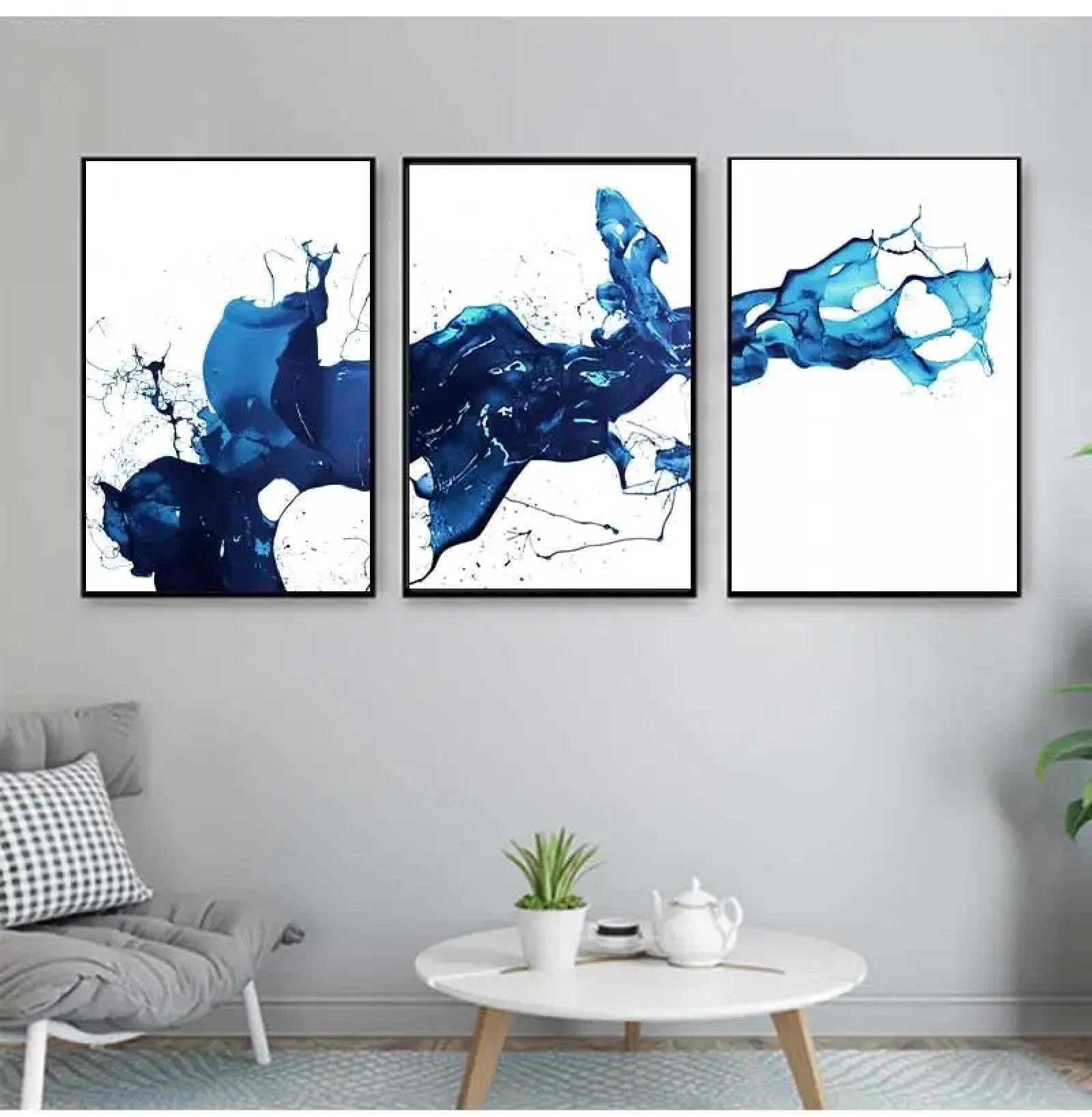 BMGKYAGL Akwarela niebieska farba sztuka abstrakcyjna obrazy na płótnie minimalistyczne plakaty wydruki obrazy ścienne salon wystrój domu 60 x 90 cm x 3 bez ramy