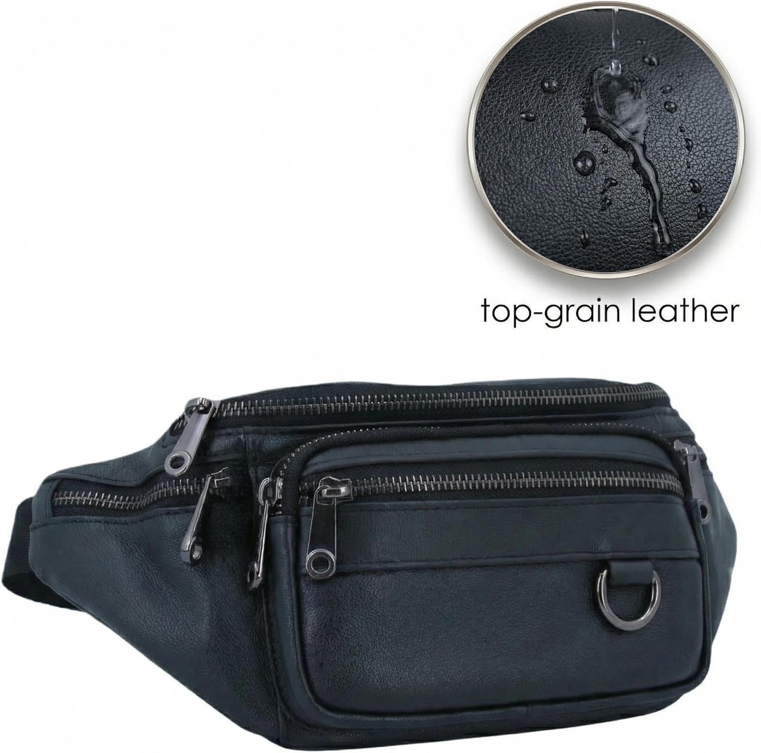 Leather Waist Pack for Men, Large Belt Bag with Multiple Compartments, Adjustable Strap up to 47.2 Inches, for Everyday Use, Hiking, Cycling, Fishing (Black)