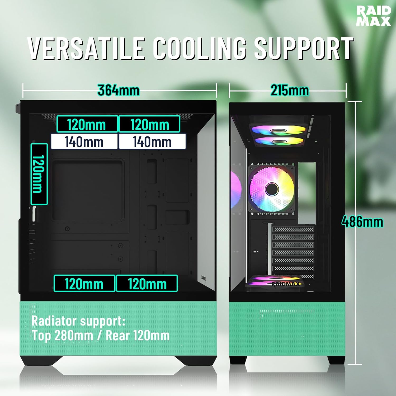 Raidmax I802 Mesh Air Flow Compact Panoramic ATX Mid Tower Case – 270° View Tempered Glass, 5X Pre-Installed 120mm Static RGB Color Fans, Supports ATX/Micro ATX, Max 340mm GPU (Green)
