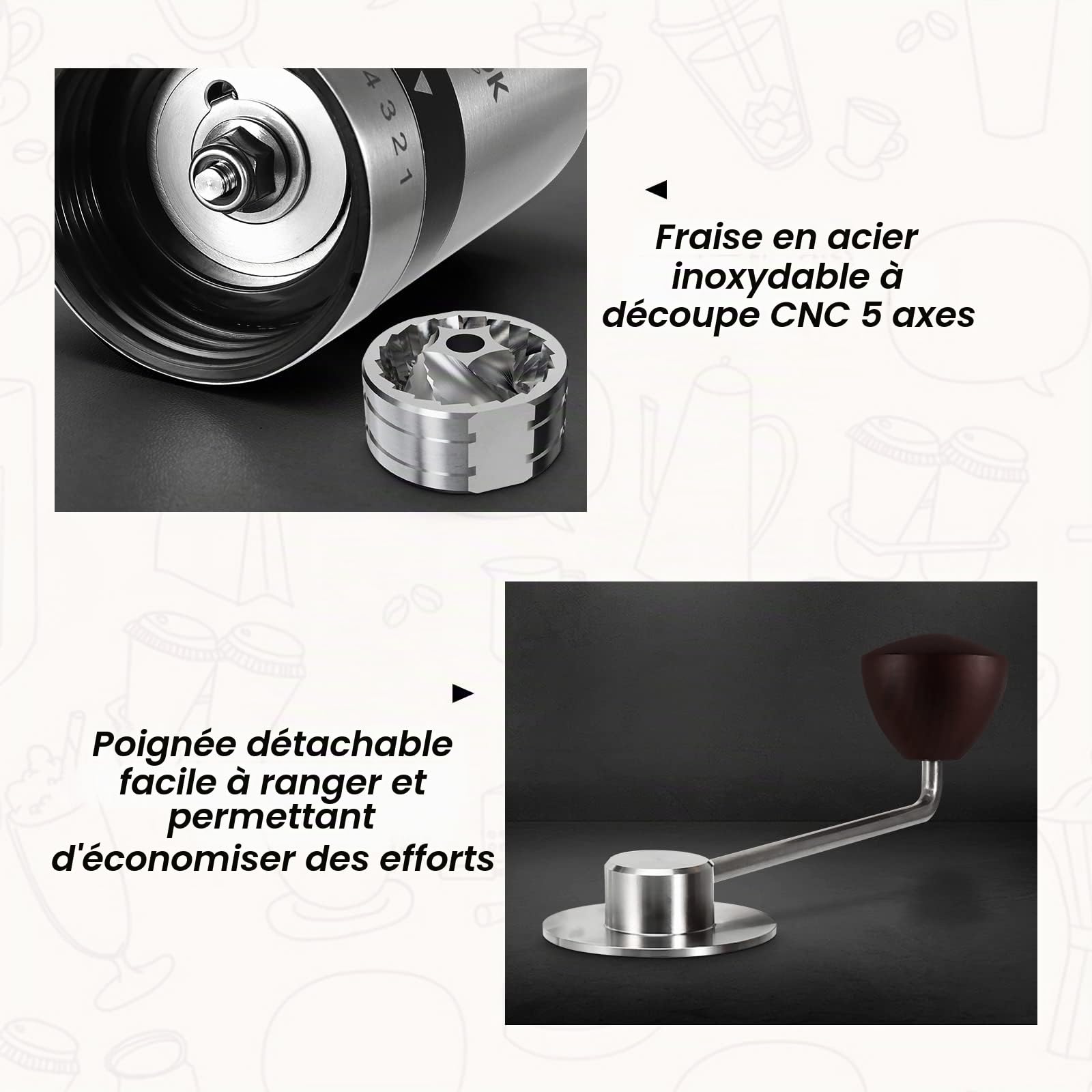 Vevok Chef Moulin à Café Manuel avec 6 Réglages Externes pour Espresso à French Press, Meule Conique en Acier Inoxydable, Idéal pour Maison, Bureau ou Voyages, Argent