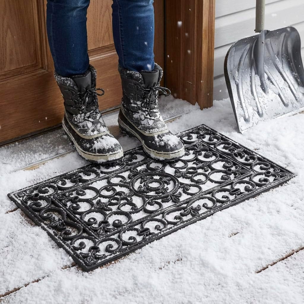 Kempf Rubber Scroll Doormat, 18" x 30", Black Wrought-Iron Look, Durable Indoor Outdoor Entrance Mat, All Weather