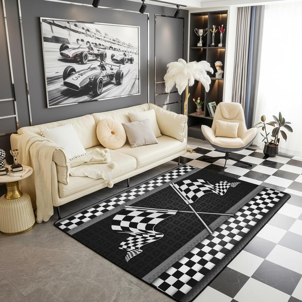 Race Car Themed Area Rug 3'x5',Black White Checkered Flag Print Non Slip Carpet for Kids Girls Adults,Stripes Geometric Honeycomb Decor Rug for Living Room Bedroom Playroom Backyard