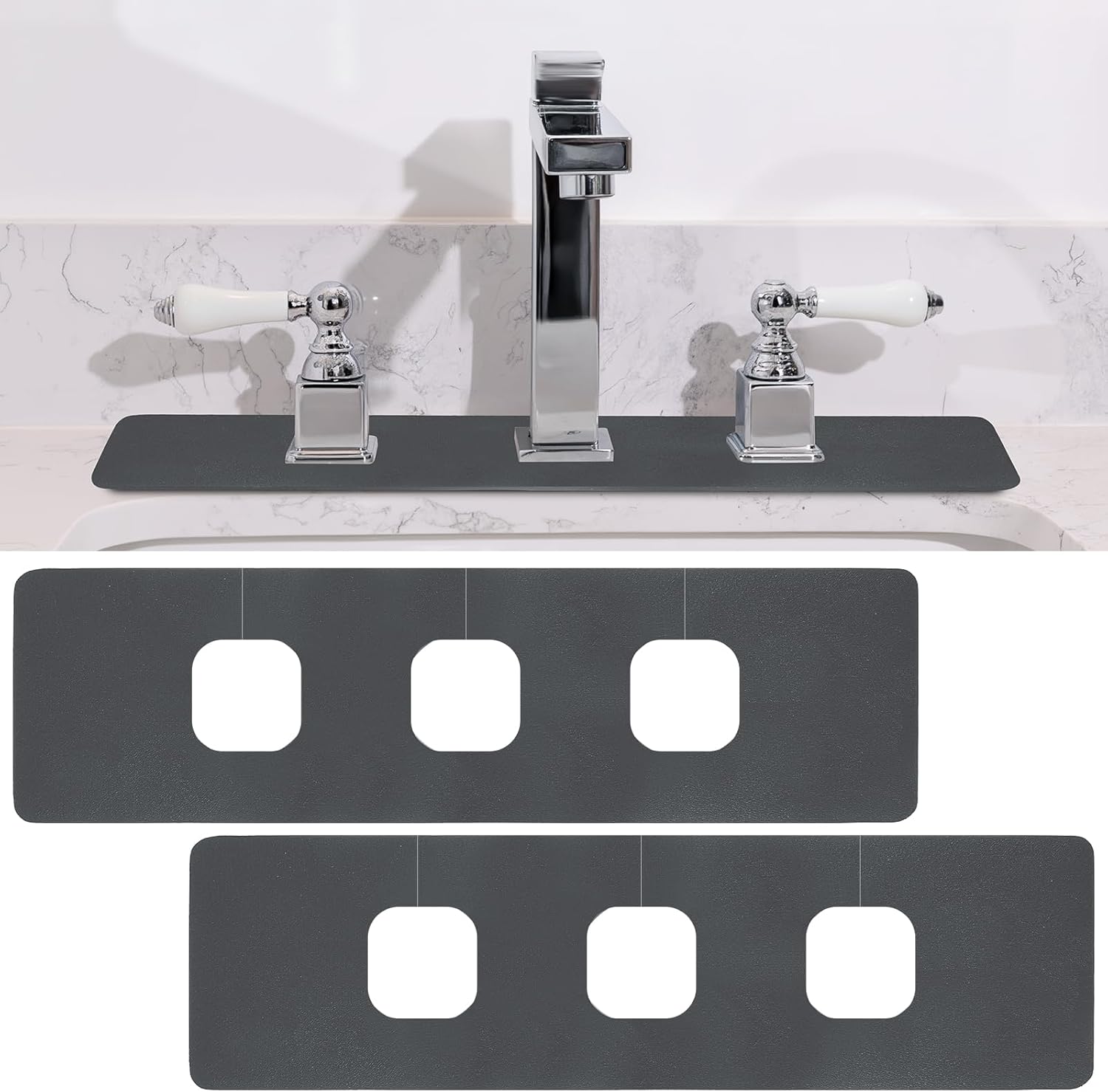 Tioncy 2 Pcs 3 Hole Faucet Mat for Kitchen Sink Kitchen Faucet Absorbent Mat Splash Catcher Sink Drip Catcher for Bathroom Counter(Square Hole,Dark Gray)