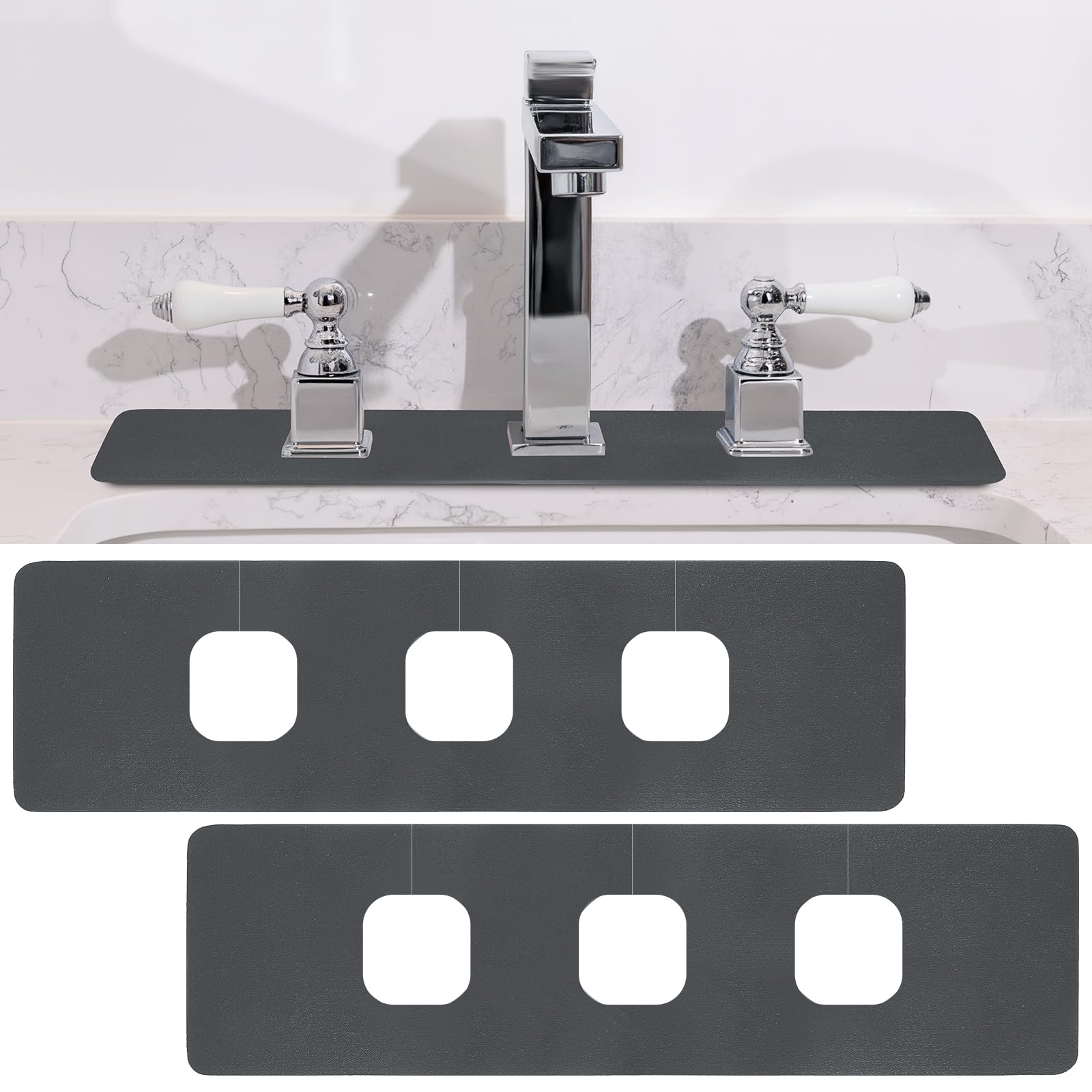 Tioncy 2 Pcs 3 Hole Faucet Mat for Kitchen Sink Kitchen Faucet Absorbent Mat Splash Catcher Sink Drip Catcher for Bathroom Counter(Square Hole,Dark Gray)