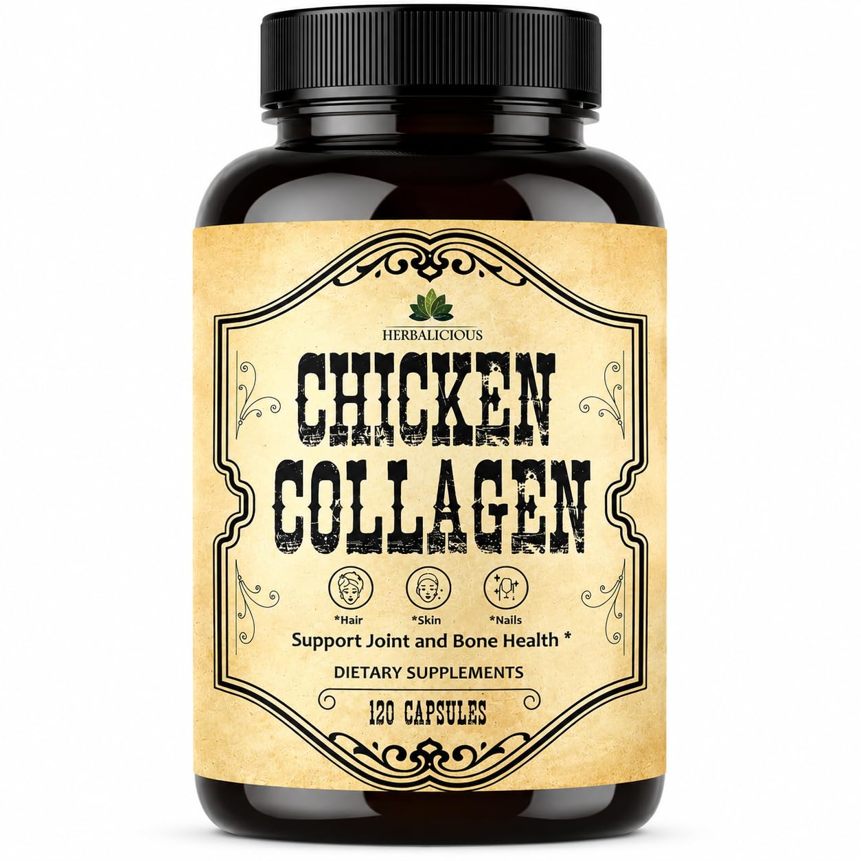 HERBALICIOUS Chicken Collagen Capsules – Collagen Supplement for Joint, Skin & Bone Support – Hydrolyzed Collagen Peptides from Chicken Bone Broth – Non-GMO, Anti-Aging – 120 Capsules