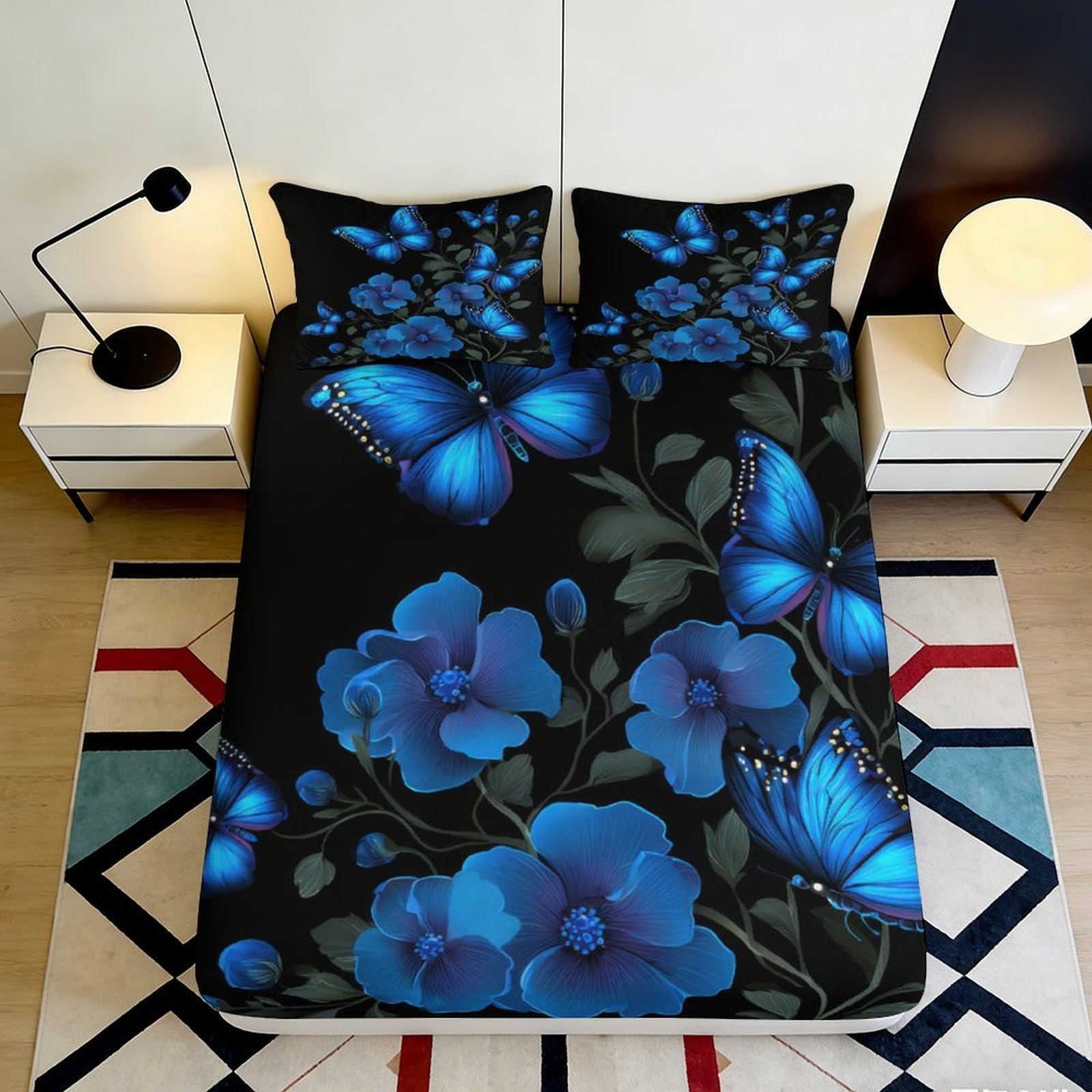 3D Printed blue floral fitted sheet with butterfly motif, microfiber soft touch, wrinkle resistant, guest room apartment bedding decor 90x200x25cm