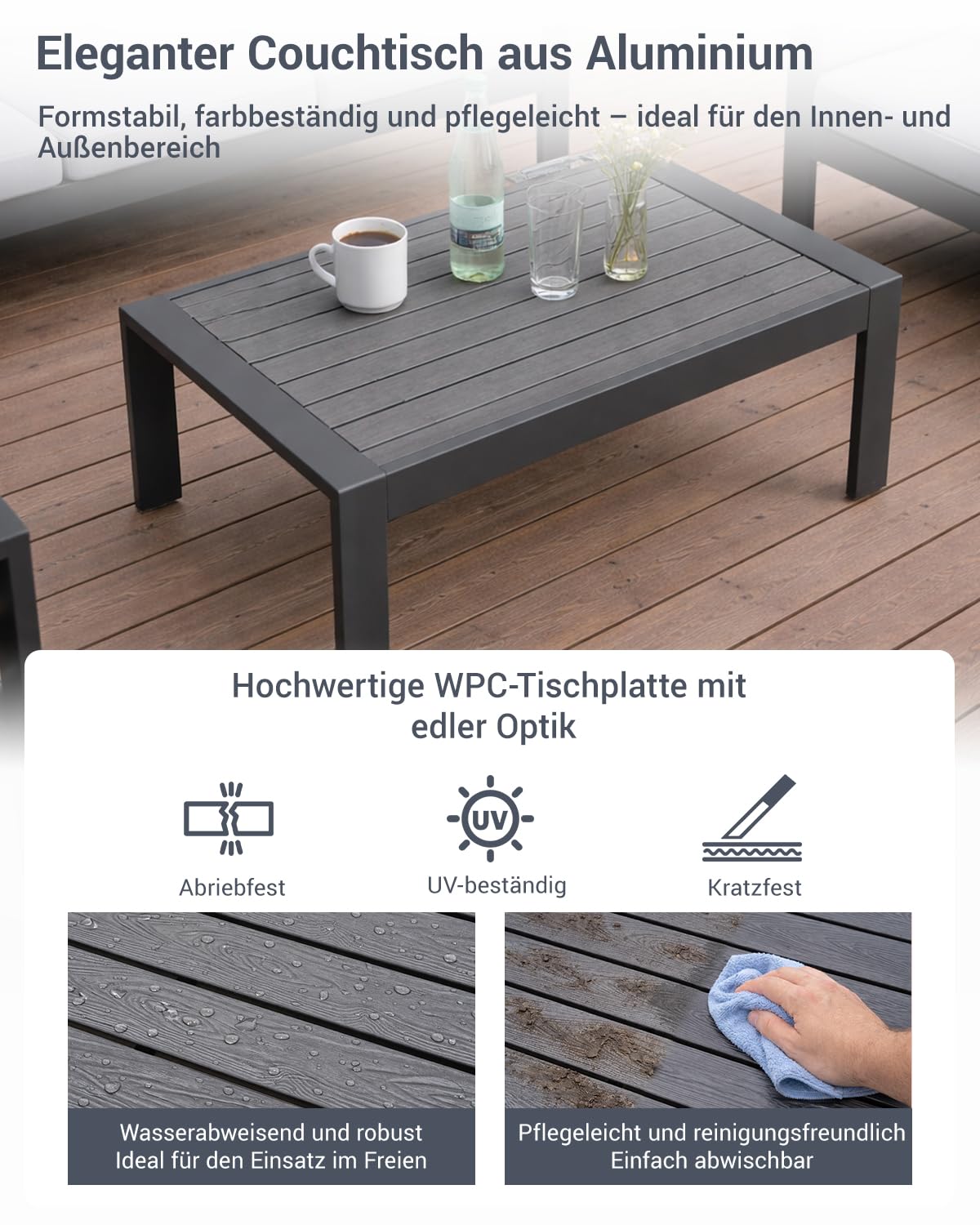 Atenza Aluminium Gartenmöbel Set Lounge Sitzgruppe 6-7 Personen | 5-teilige Outdoor Gartengarnitur mit WPC-Couchtisch, 12cm dicken Kissen & waschbaren Kissenbezügen für Terrasse & Balkon
