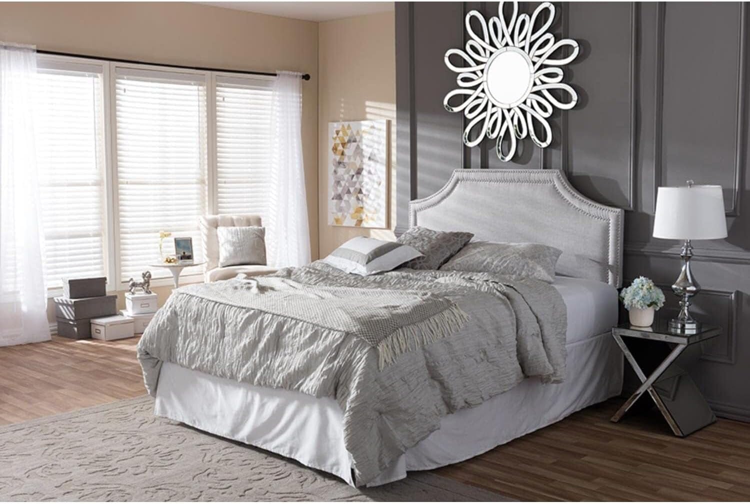 HomeStock Urban Upmarket Modern and Contemporary Fabric Upholstered Headboard, Nailded Trim Head Board Beige/Full