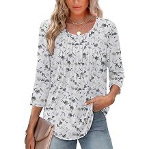 XIEERDUO 3/4 Length Sleeve Tops for Women 2026 Crewneck Casual Pleated Tunic Tops Shirts Blouses