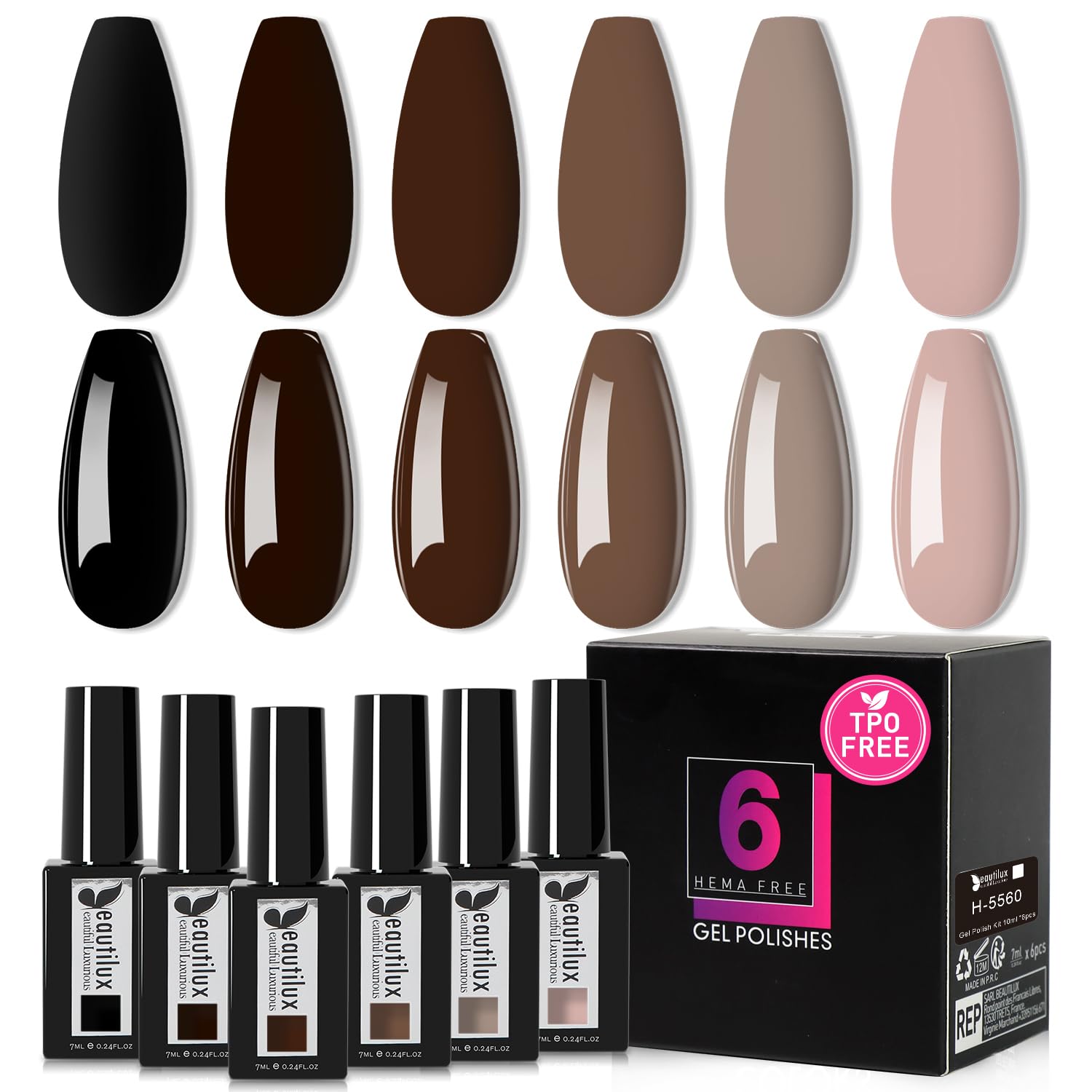 Beautilux HEMA-FREE Smalto Semipermanente per Unghie Senza-TPO, 6 Colori 7ml Nero, Marrone, Marrone Scuro Soak Off Smalto Semipermanente Unghie per Manicure (H-5560)