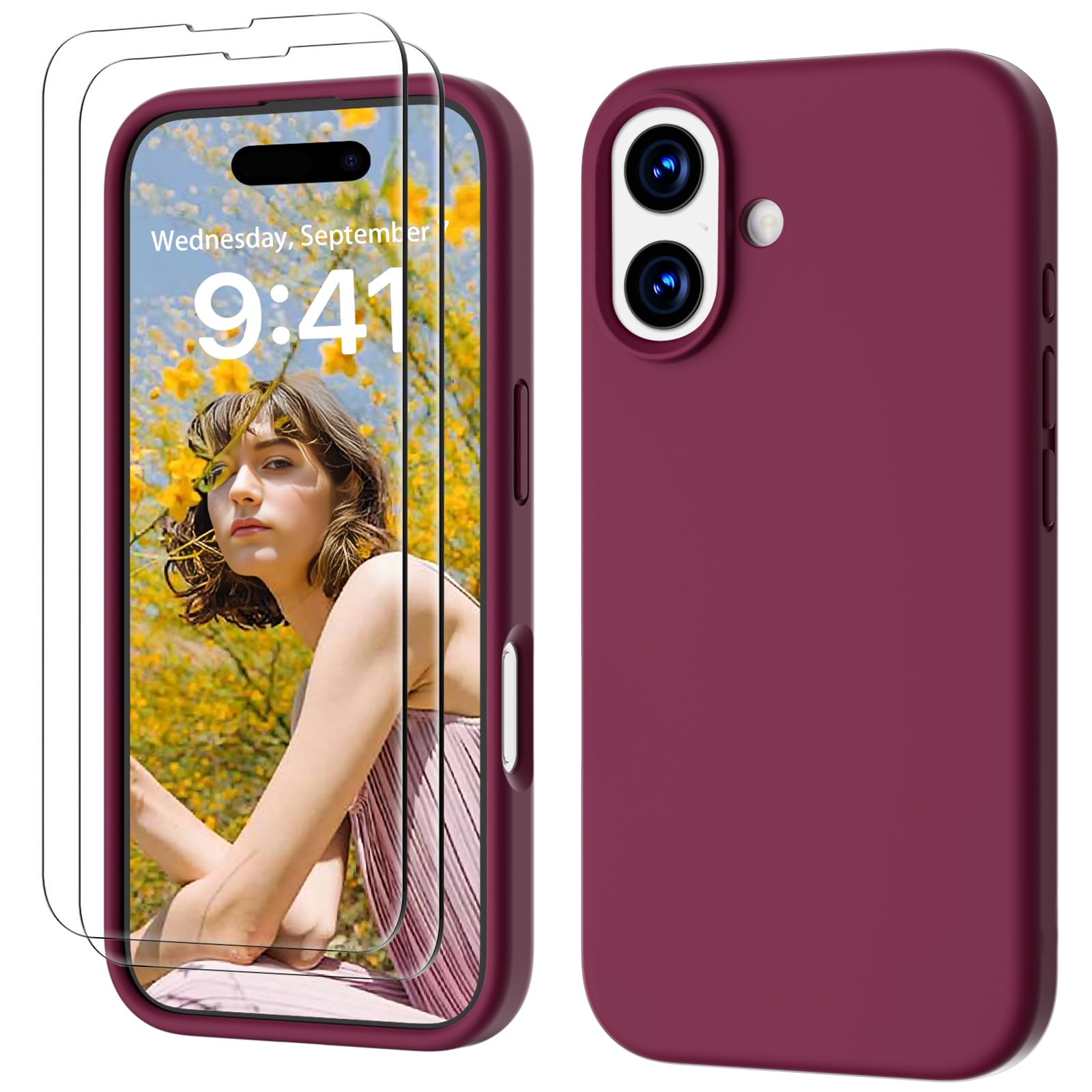 GOODVISH 3 in 1 Silicone Cover per iPhone 17 6.3", Custodia con 2 Pellicola Vetro Temperato [Protezione Fotocamera] 360° Protezione Anticaduta Case per Cellulare Antiurto Resistente, Vino Rosso