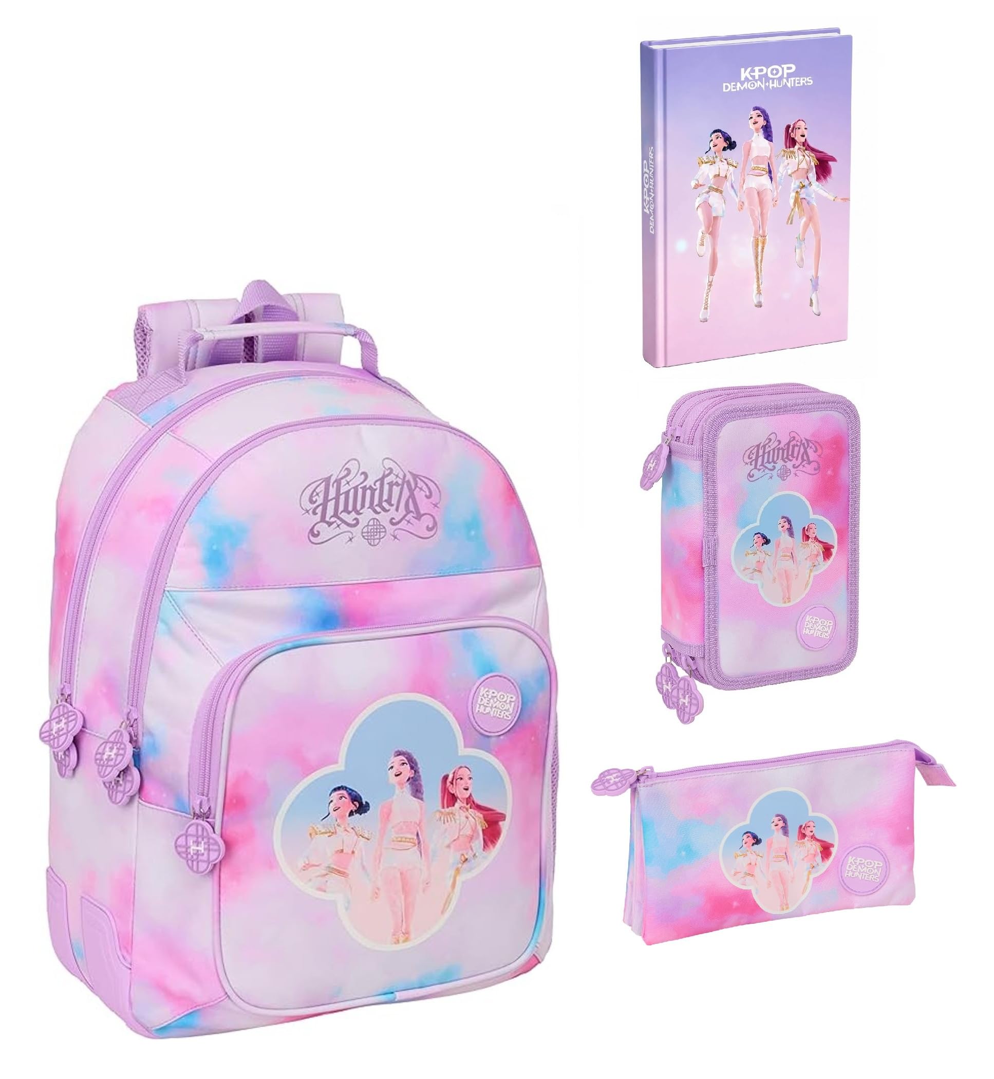 Zaino Scuola primaria Tondo K pop Idols Stars Rumi Mira Zoey | Personaggi Anime | per Bambina + Astuccio 3 piani + astuccio zip + Diario 2026/2027 + 7 penne a scatto e portachiave pailettes