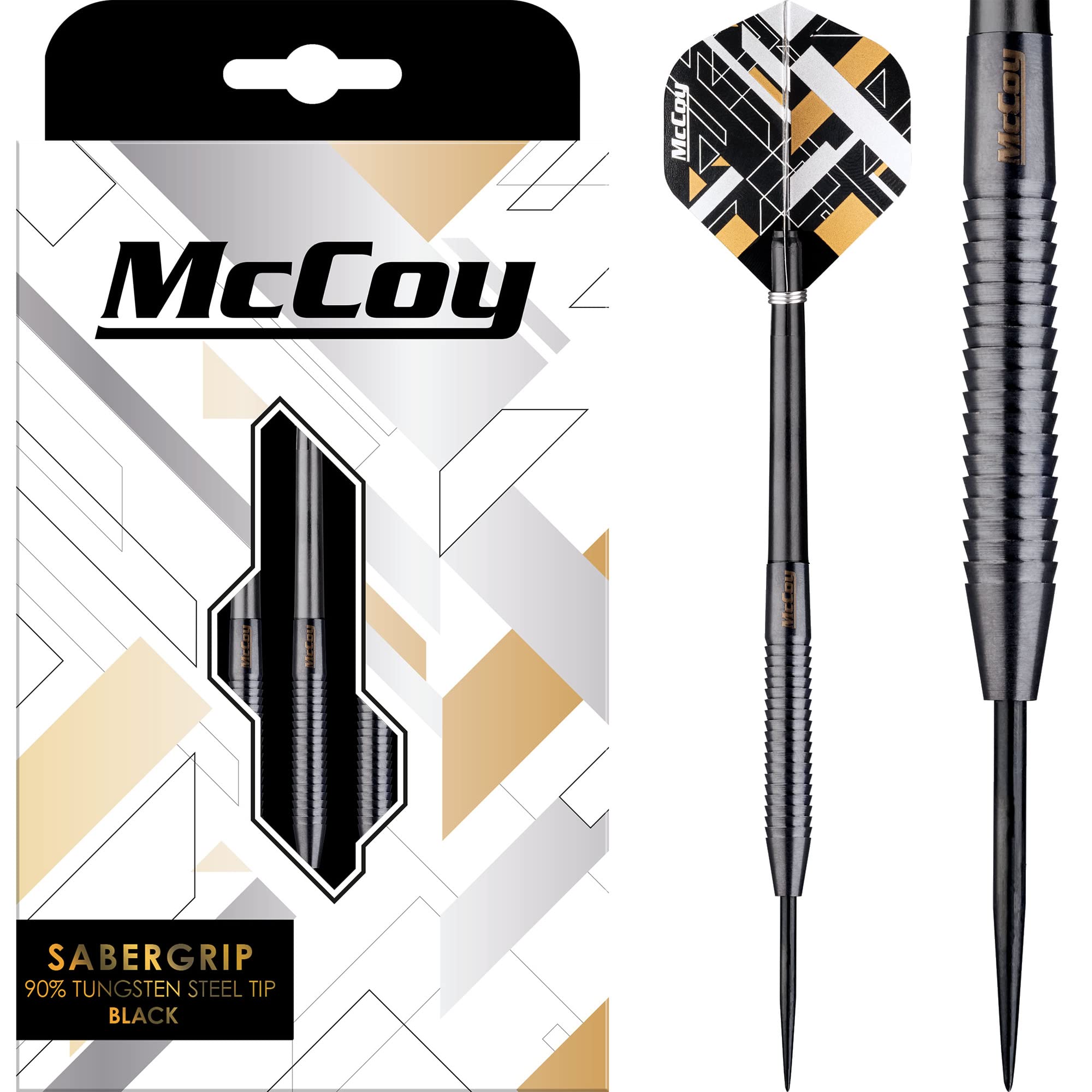 McCoy Darts D6041 Sabergrip | Premium 90% Tungsten Steel Tip Darts Set | Silver, Black and Gold