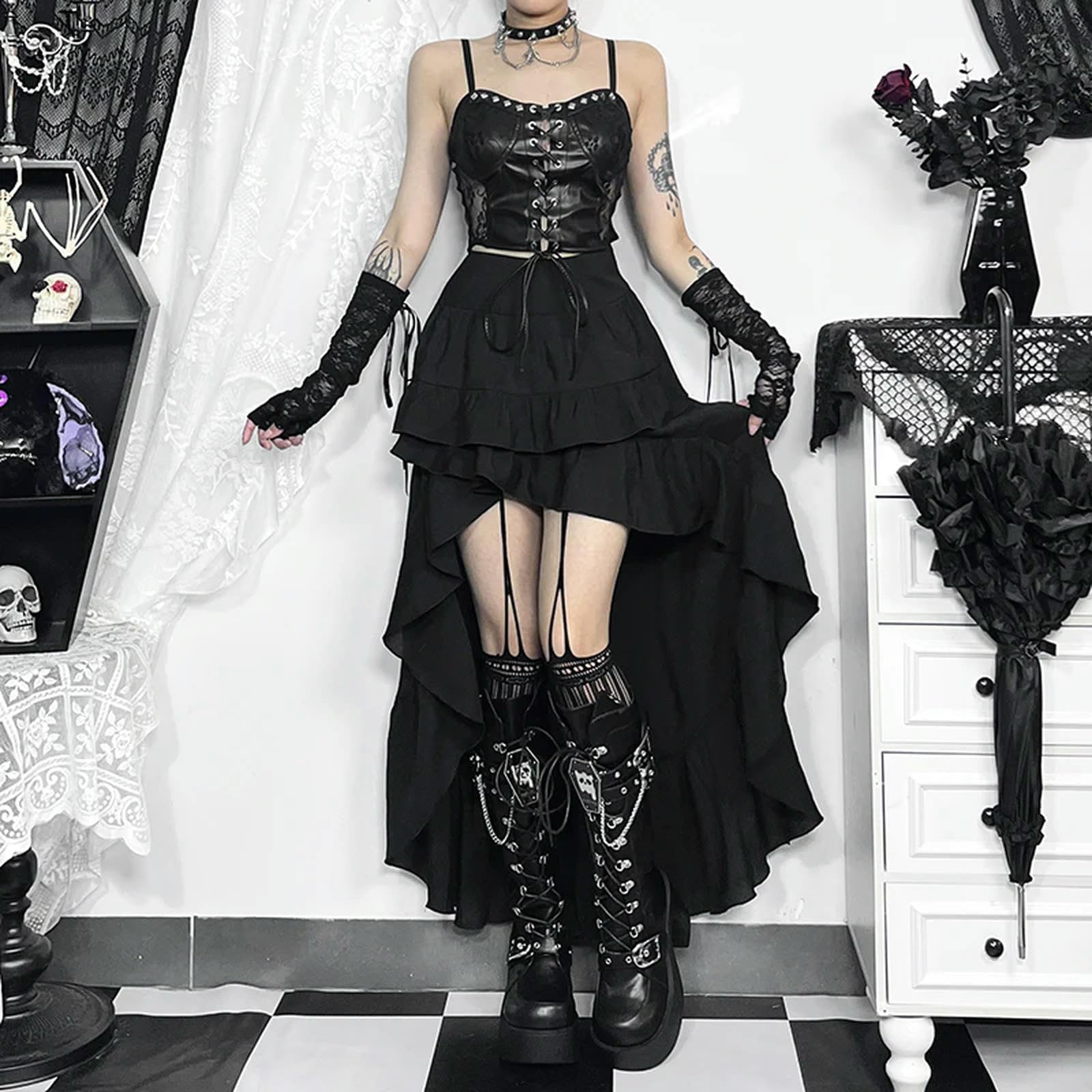 Falda Negra Alta con Volantes, Estilo Harajuku, gótica, Irregular, Larga, Estilo Rock, Ropa de Calle, Negra, L