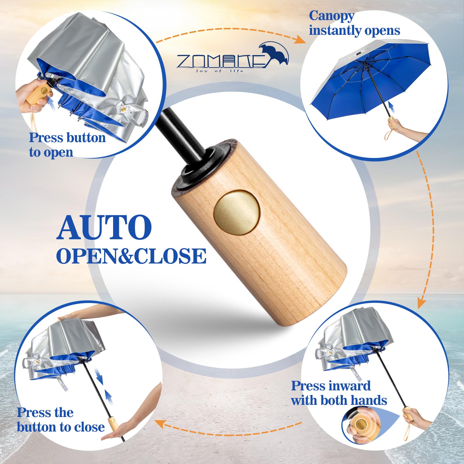 ZOMAKE Parapluie Pliant Anti Uv,Parapluies Compact Automatique Anti TempêTe,Petit Ombrelle Soleil Solide Avec PoignéE En Bois Pour Homme Femme