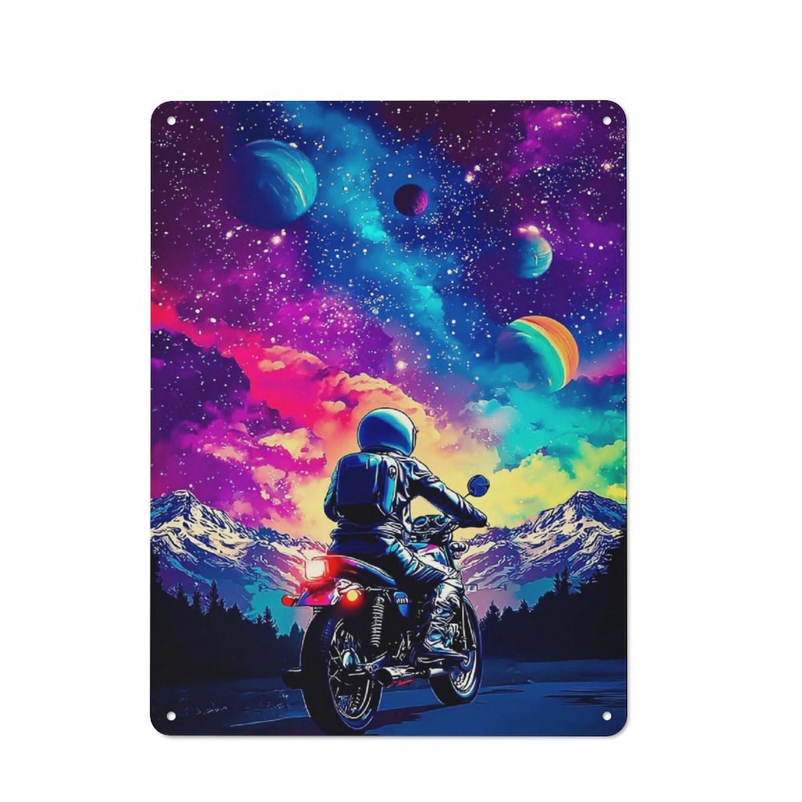 Junmoney Motorcycle Ride Through Cosmic Landscape For Garden Room Or Summerhouse, Rustic Tin Sign 40X30cm, Wall Decor For Garden Rooms And Summerhouses
