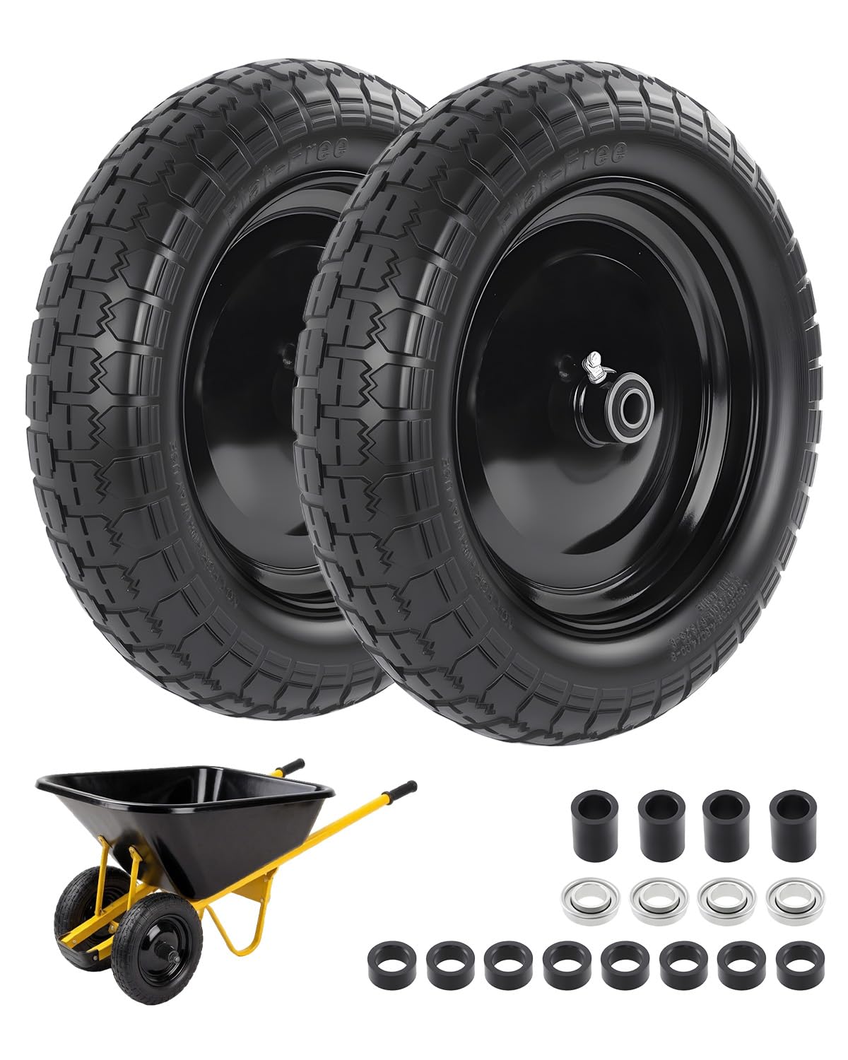 4.80/4.00-8 wheelbarrow tire, 14.5" Flat Free Solid Tire and Wheel | 3" Centered Hub, 5/8" & 3/4" Bearings, Universal Replacement for Garden Carts Wagon Wheel Barrow, 2 Pack