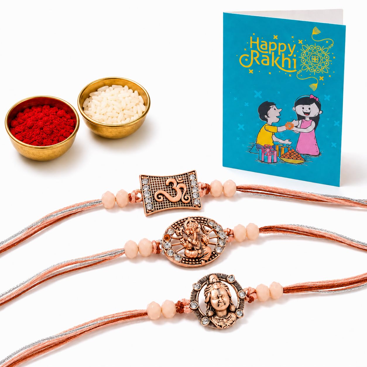 kaameri bazaar Set of 3 Antique Metal Rakhi for Brother | Krishna, Ganesha & OM Rakhi with Roli Chawal and Greeting Card | Traditional Raksha Bandhan Rakhi Gift for Bhai-picture-2