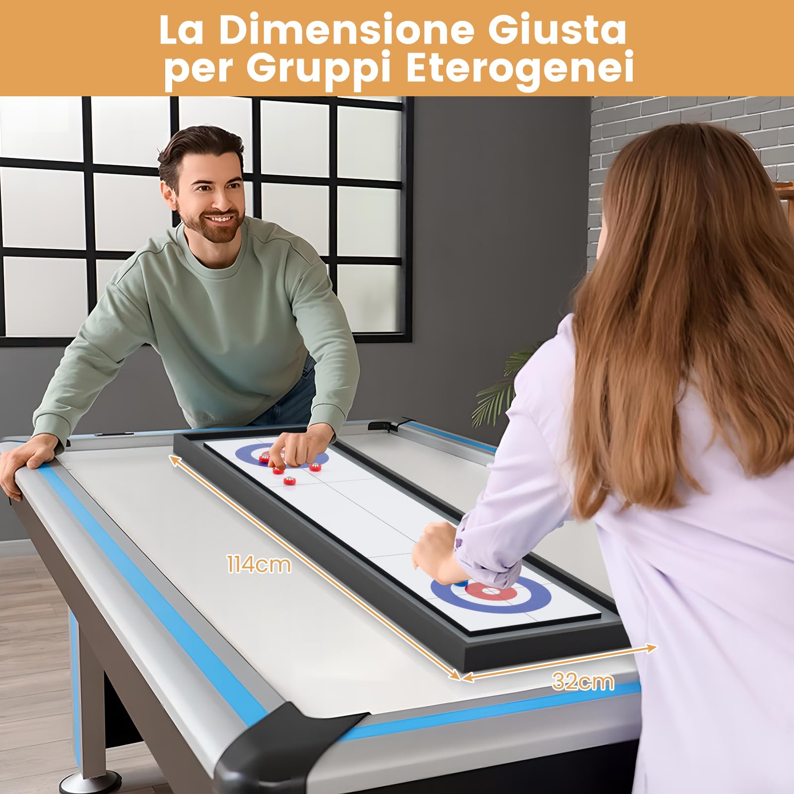 RELAX4LIFE Tavolo Multigioco 2 in 1, Numeri e Graduazioni Chiari, Bifacciale Shuffleboard e Curling con 4 Dischi Rossi e 4 Blu per Riunioni Festive in Famiglia