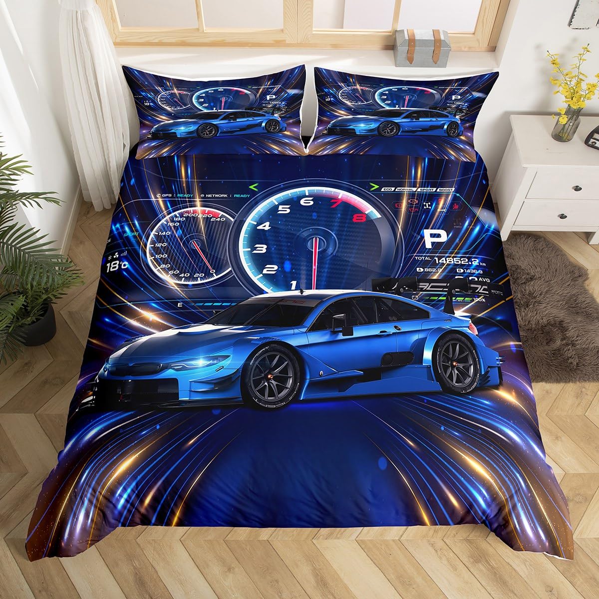 Homewish Boys Race Car Surper King Duvet Cover Racing Competation Cool Sports Bedding Set for Kids Youth Extreme Speed Sports Comforter Cover Blue Race Automobile Car Bed Set Bedroom Decor