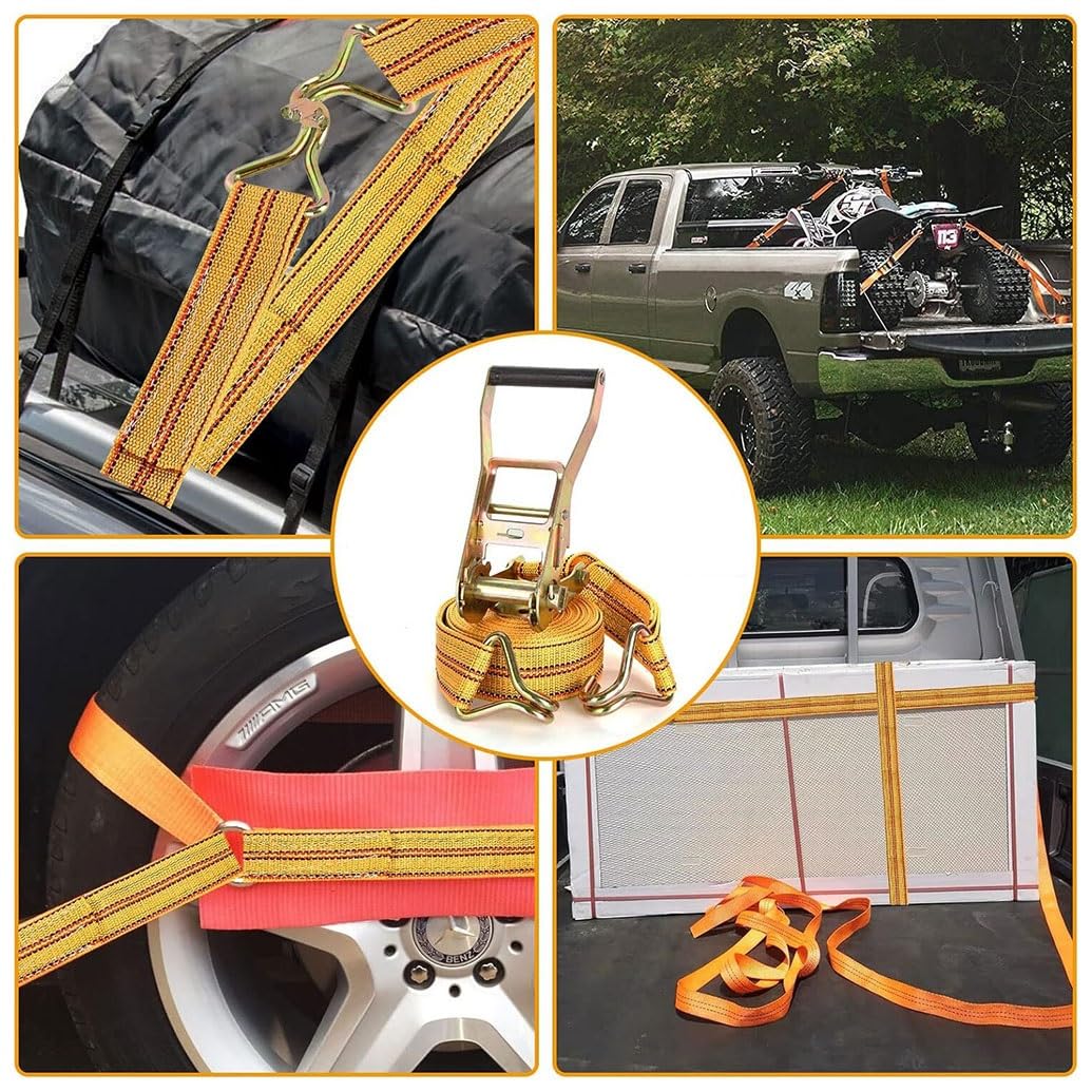 Cinghie A Cricchetto, 1.50in， In Poliestere Resistente, Con Gancio A J, Fissaggio Del Carico Per Biciclette, Camion, Rimorchi, Tetto Aut（Gialle， 1 Pezzo）(L 5m/196.9in)