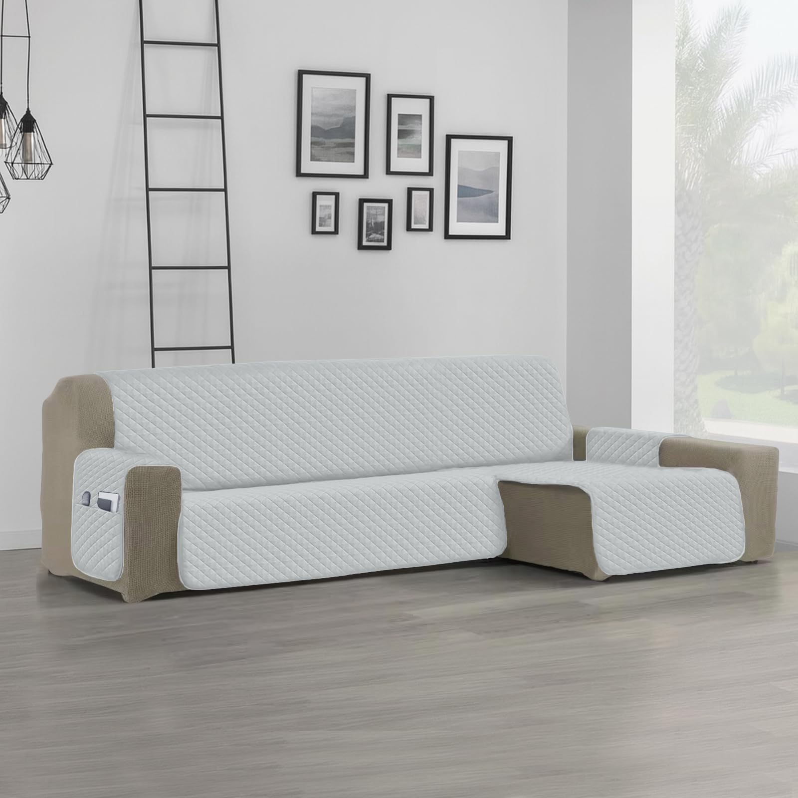 DALINA Funda de Sofá Chaise Longue Derecha (2m de Ancho Total) Impermeable y Antideslizante, Cubre Sofá Ajustable con Bolsillos, Apto para Mascotas, Resistente al Desgaste, Lavable - Gris Claro