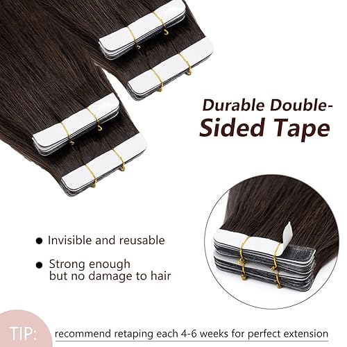 Miniatura 4 de MY-LADY Extensiones de cabello humano con cinta adhesiva, 16 pulgadas, extensiones de cabello Remy color marrón oscuro, 1.76 onzas, 20 unidades, sin