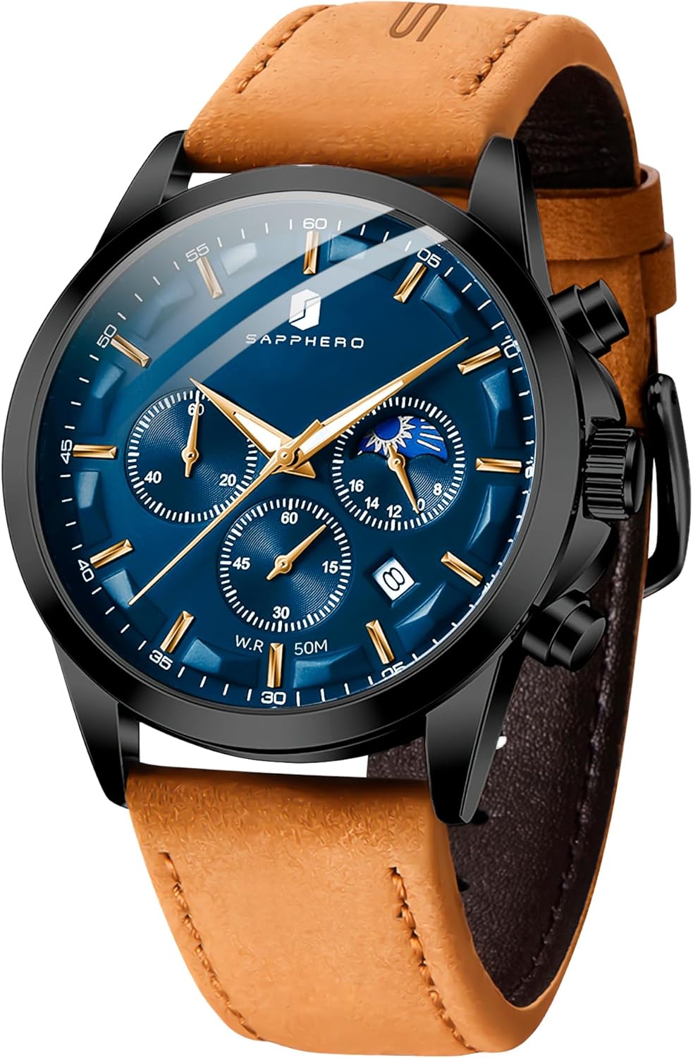 SAPPHERO Chronograph Watches for Men, Original Business Casual Stainless Steel Analog Watch 50M Waterproof Luminous Watches with Date Dial, Mens Gift