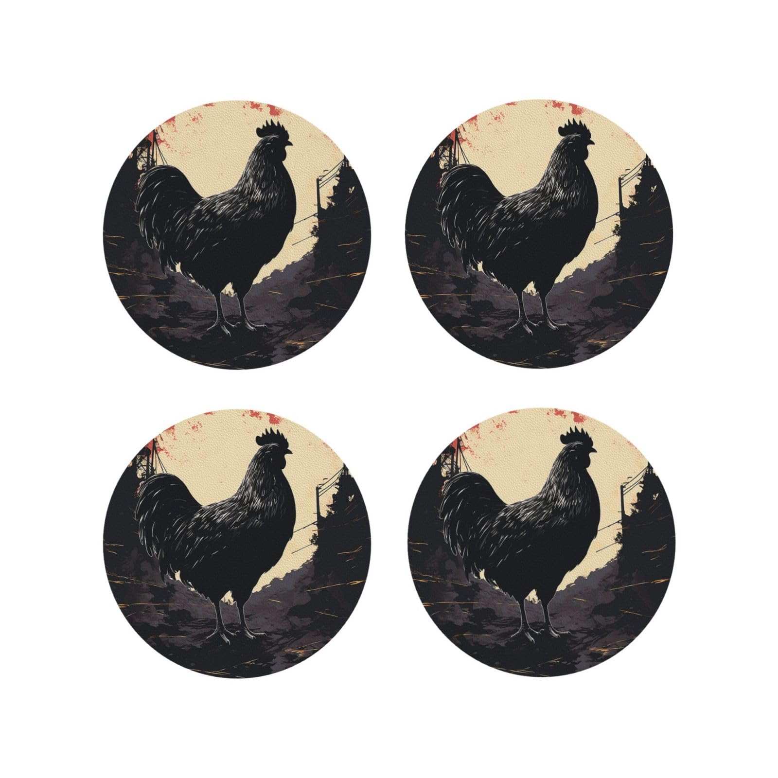 4pcs Drink Coasters for Tabletop Protection, 4" Leather Coasters for Drinks, Farmhouse Chicken Cup Coasters for Coffee Table Decor, Non-Slip Drinking Cup Mat for Hot Or Cold Drink