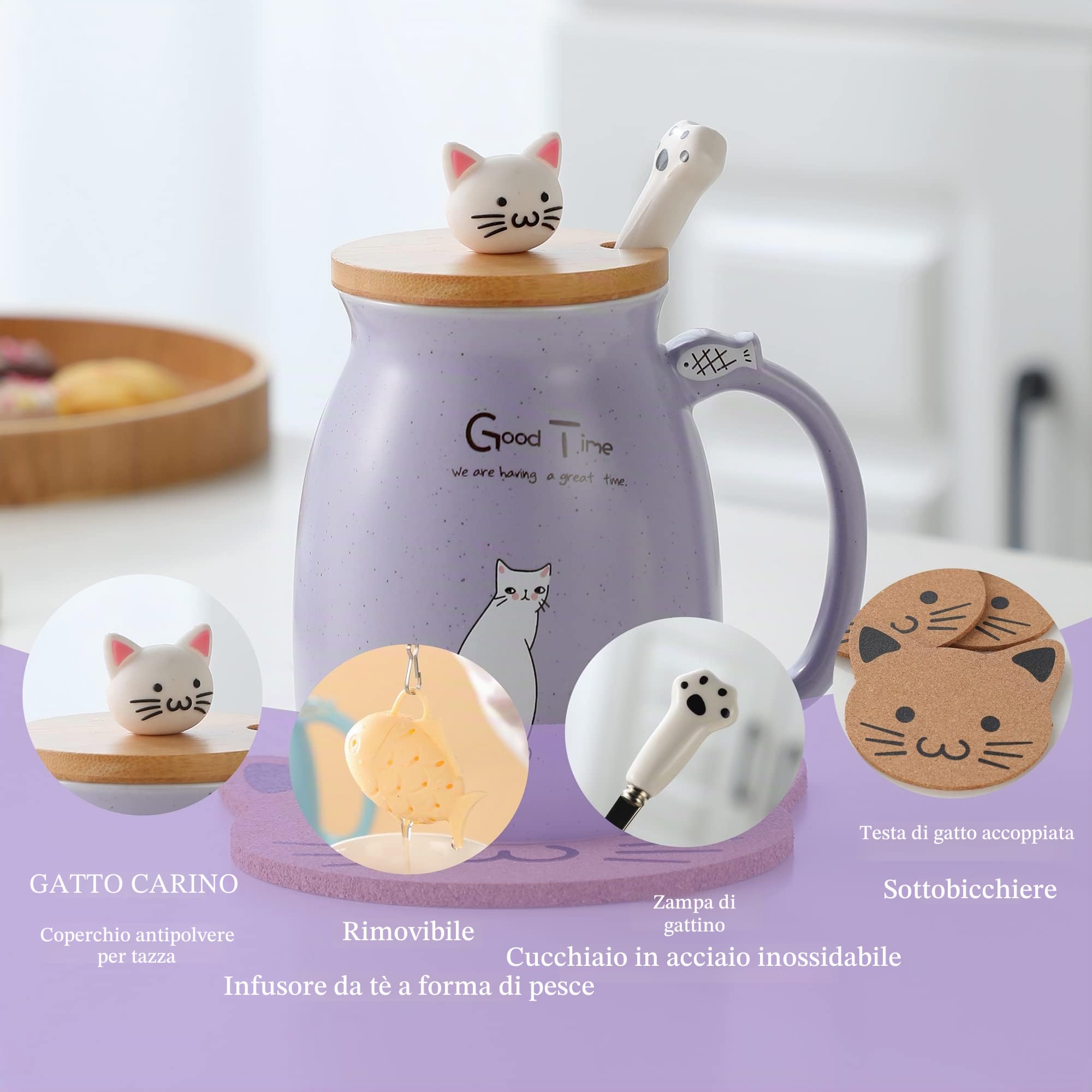 Ceramiczny kubek z pokrywką i łyżką ze stali nierdzewnej 380 ml