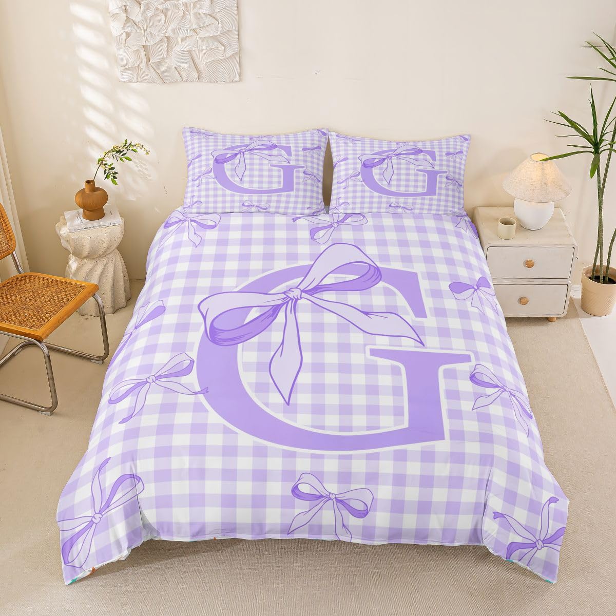 Housse de couette 200x200 violette en microfibre douce motif noeud papillon