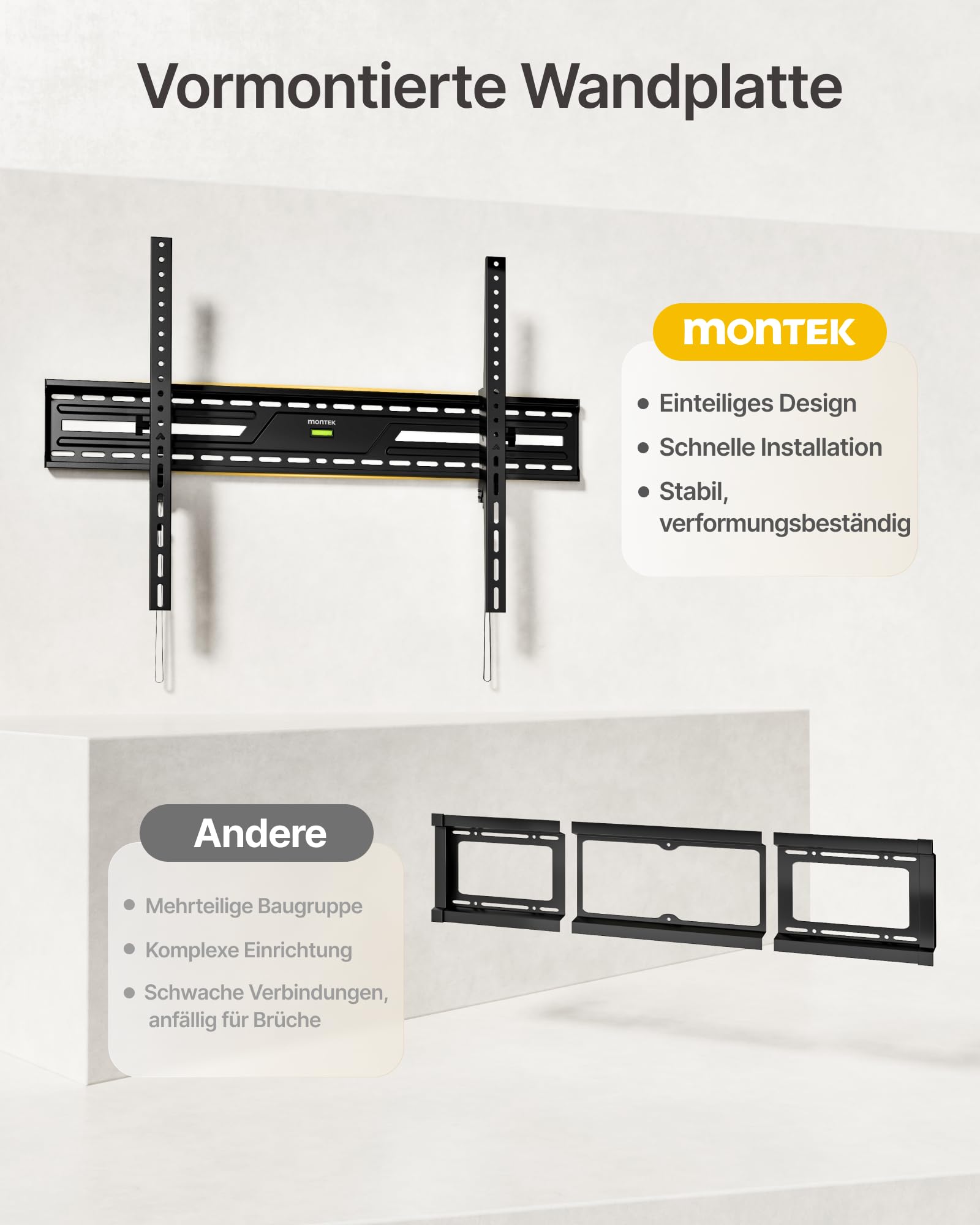 monTEK Ultradünn TV Wandhalterung für 50–100 Zoll LCD/LED/Plasma | Neigbar, Bis zu 100kg Tragkraft, Verstellbare Zugschnüre, Max. VESA 900x600