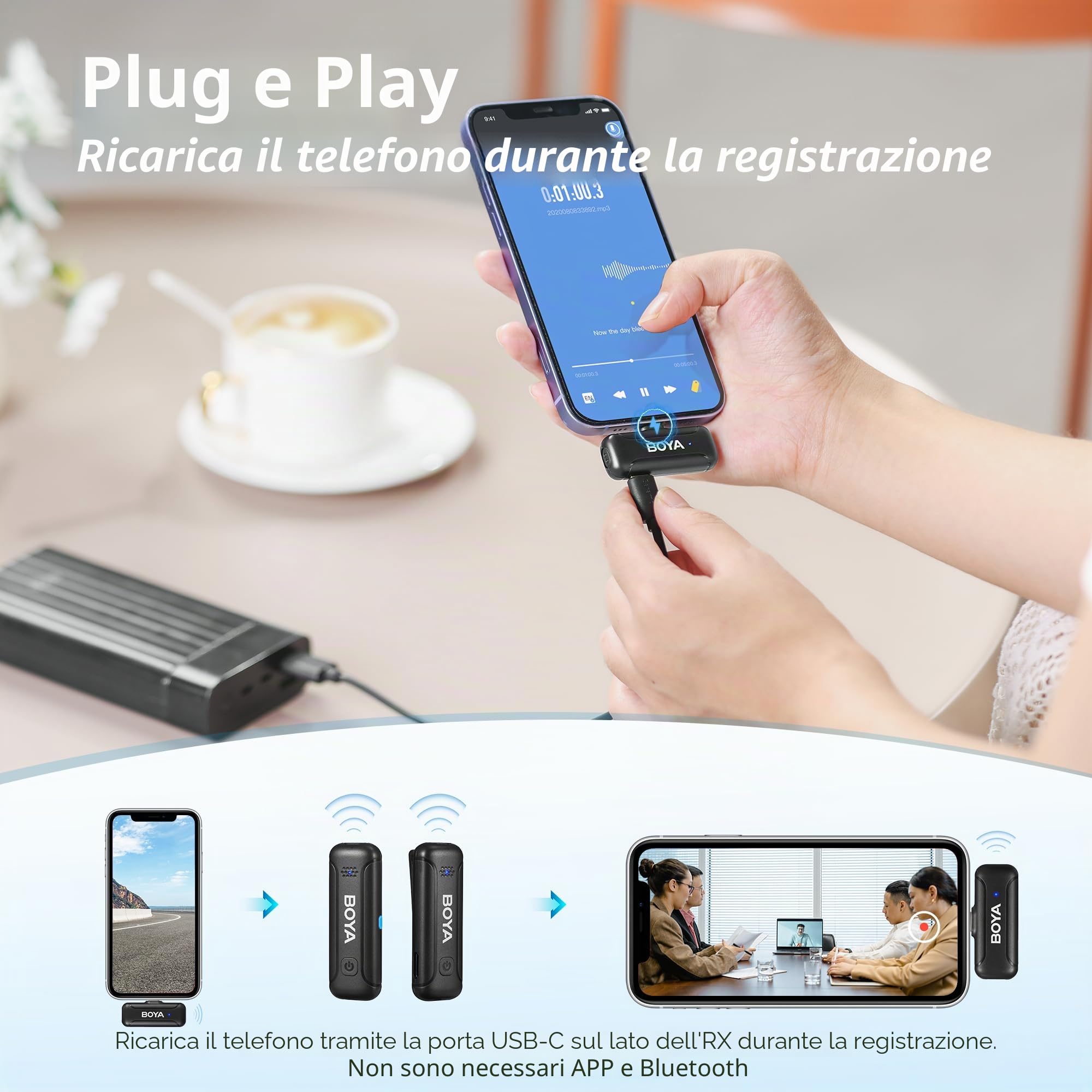 BOYA Microfono wireless per iPhone, microfono per iPhone per registrazione video con riduzione del rumore e trasmissione di 100 m, tempo di funzionamento 32 ore per iPhone, iPad