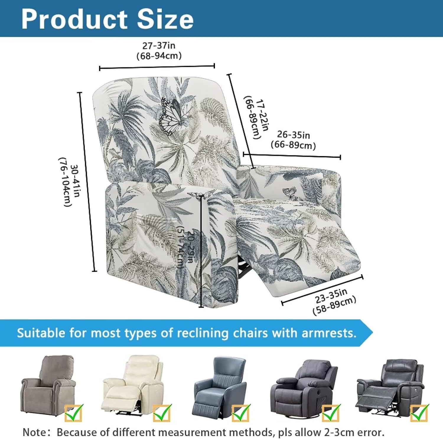 FOR U DESIGNS Floral Butterfly 4-Piece Stretch Recliner Slipcovers with Elastic Edges Side Storage Pockets Washable Protector for Small Recliners Reclining Sofa Chair