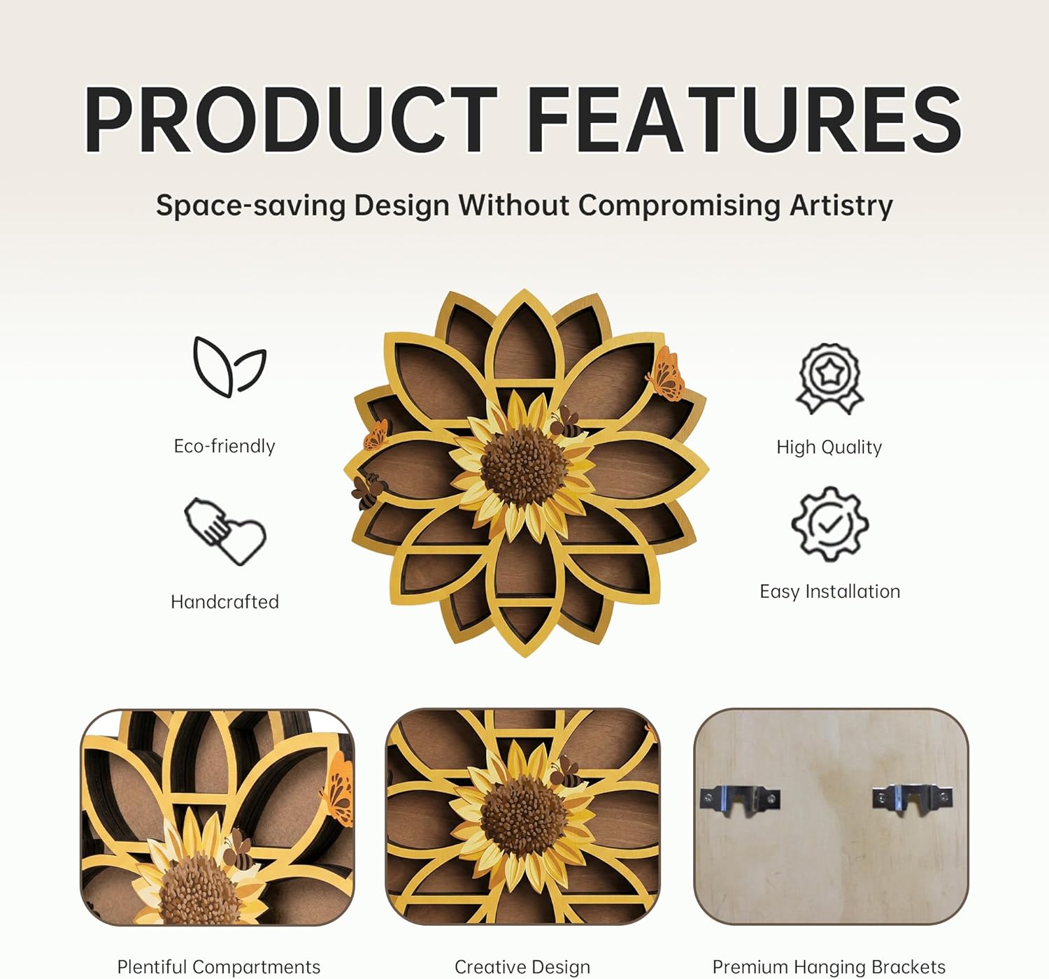 Sunflower Gifts for Women, Sunflower Decor Wooden Wall Floating Shelves with Lifelike Flower & Bee Accents, Trinket Crystal Display Shelf Boho Decor for Home Bedroom Living Room, Birthday Gift for Her