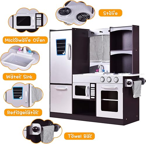 Miniatura 4 de ARLIME Juego de cocina para niños, cocina de juguete de madera con fregadero, estufa, microondas, refrigerador, armarios grandes, cocina de juego de