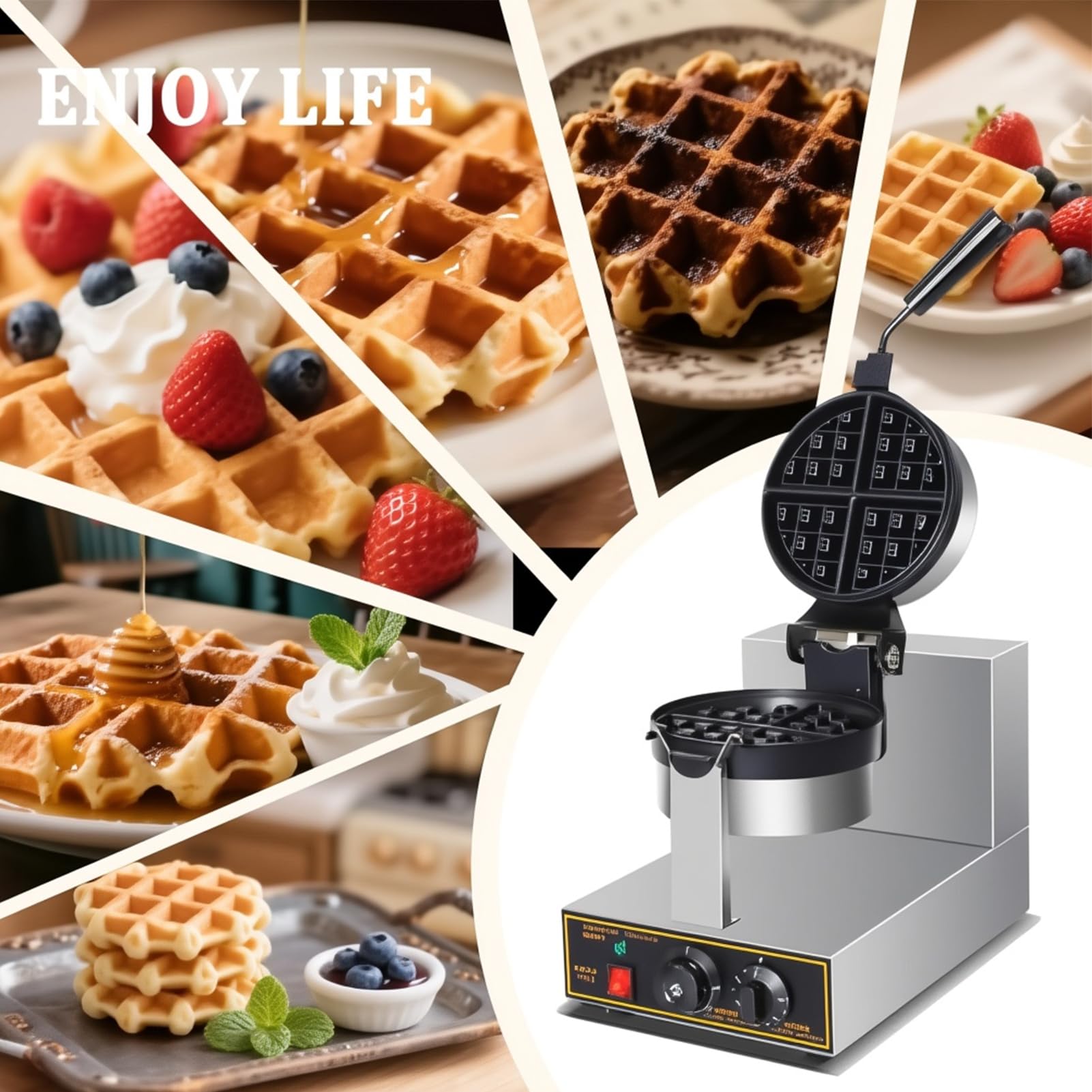 Komercyjna Gofrownica, Obrotowy Gofrownik O Mocy 1300 W Z Regulacją Temperatury I Timerem, Korpus Ze Stali Nierdzewnej Z Nieprzywierającą Powierzchnią Maszyna Do Ciasta Kratowego Dla Pi Double-Headed
