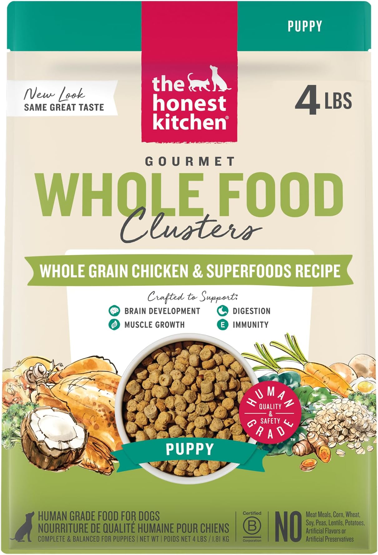 The Honest Kitchen Human Grade Dry Dog Food, Whole Food Clusters Puppy Whole Grain Dry Dog Food,Chicken, 4 lb Bag