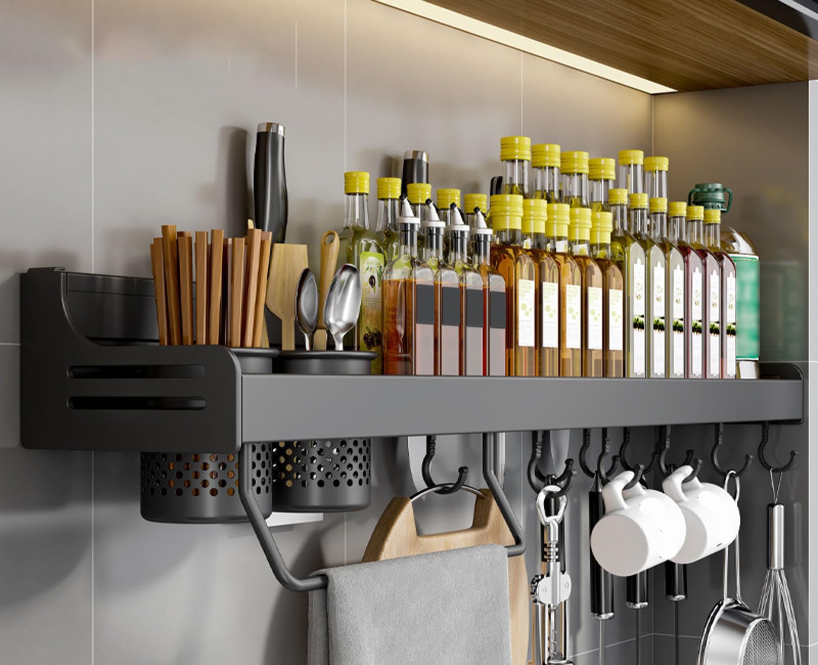 GLJTUO Wall-Mounted Spice Rack - Metal Hanging for Kitchen Spices, Seasoning Holder with Towel Holder, Knife Storage, Hooks & Utensil (Black 80Cm),Black-80Cm