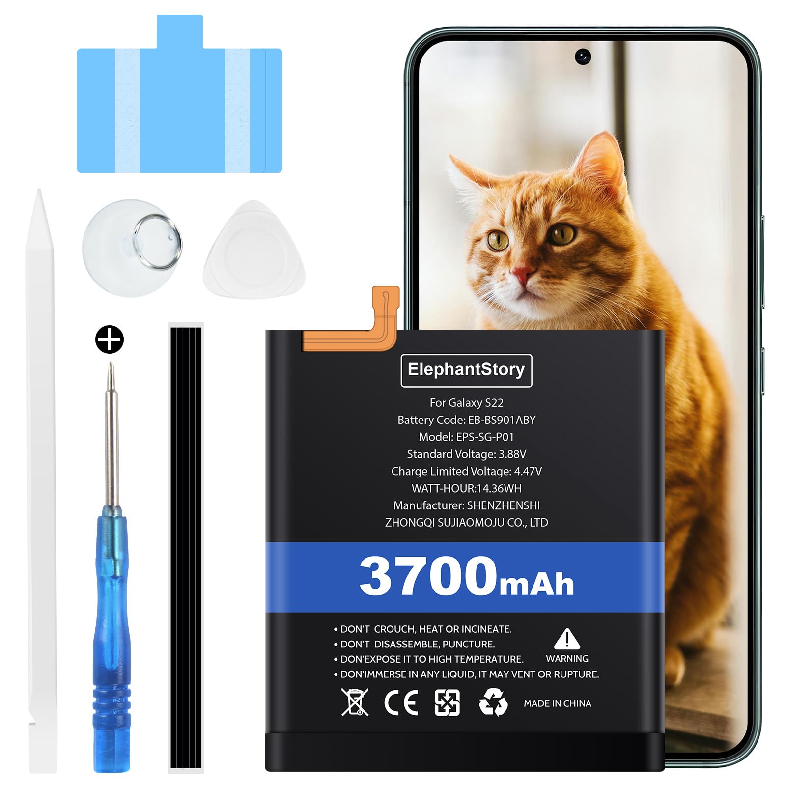 Akku für Samsung Galaxy S22 SM-S901F, 3700mAh Hochkapazitäts Li-Polymer Ersatzakku für Galaxy S22 5G EB-BS901ABY mit Reparaturwerkzeugen
