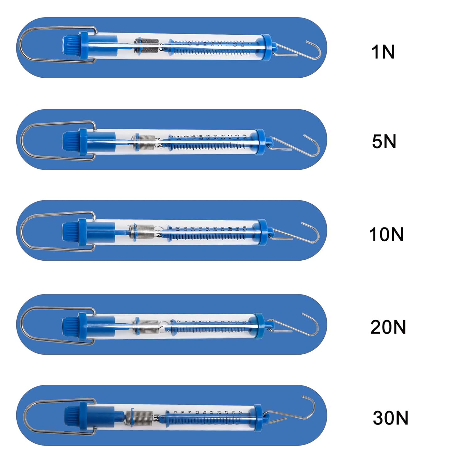 Spring Scale for Science, Set of 5 Transparent Spring Balance Hanging Tube Spring Scale Set ( 1N, 5N, 10N, 20N, 30N ): Industrial & Scientific